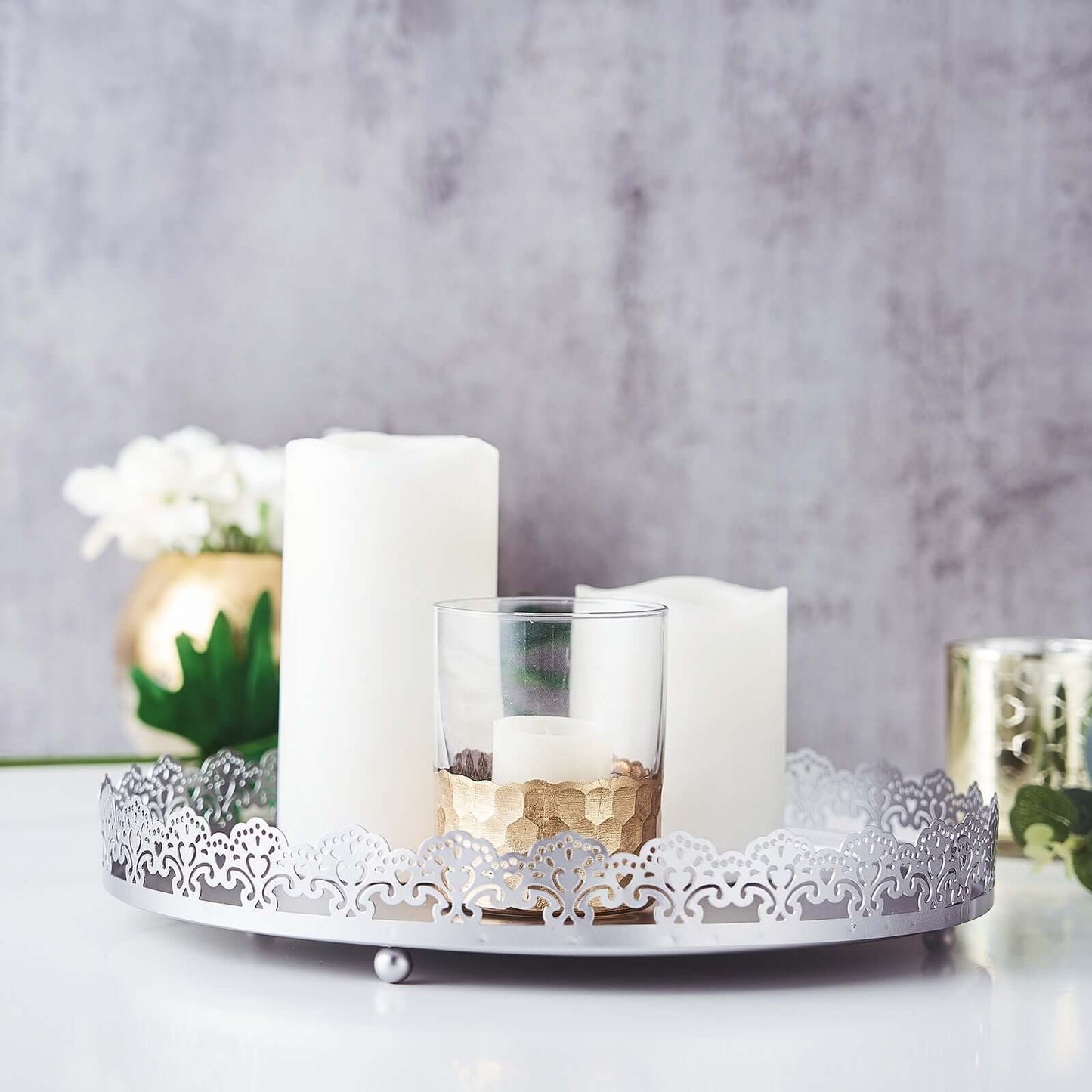 Metal Round Serving Tray 12" in Silver with Embellished Rims, Stylish Decorative Vanity Tray Centerpiece