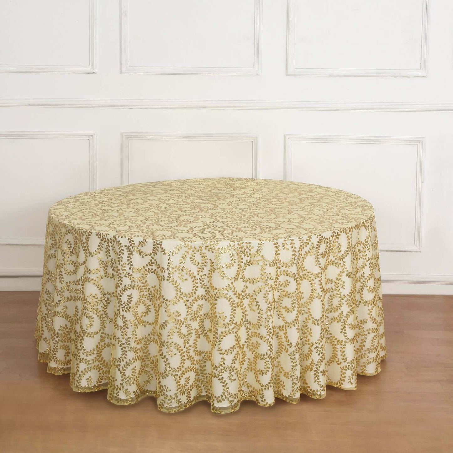 Tulle 120" Round Tablecloth Gold - Seamless Sequin Leaf Embroidered Design for Sophisticated Occasions