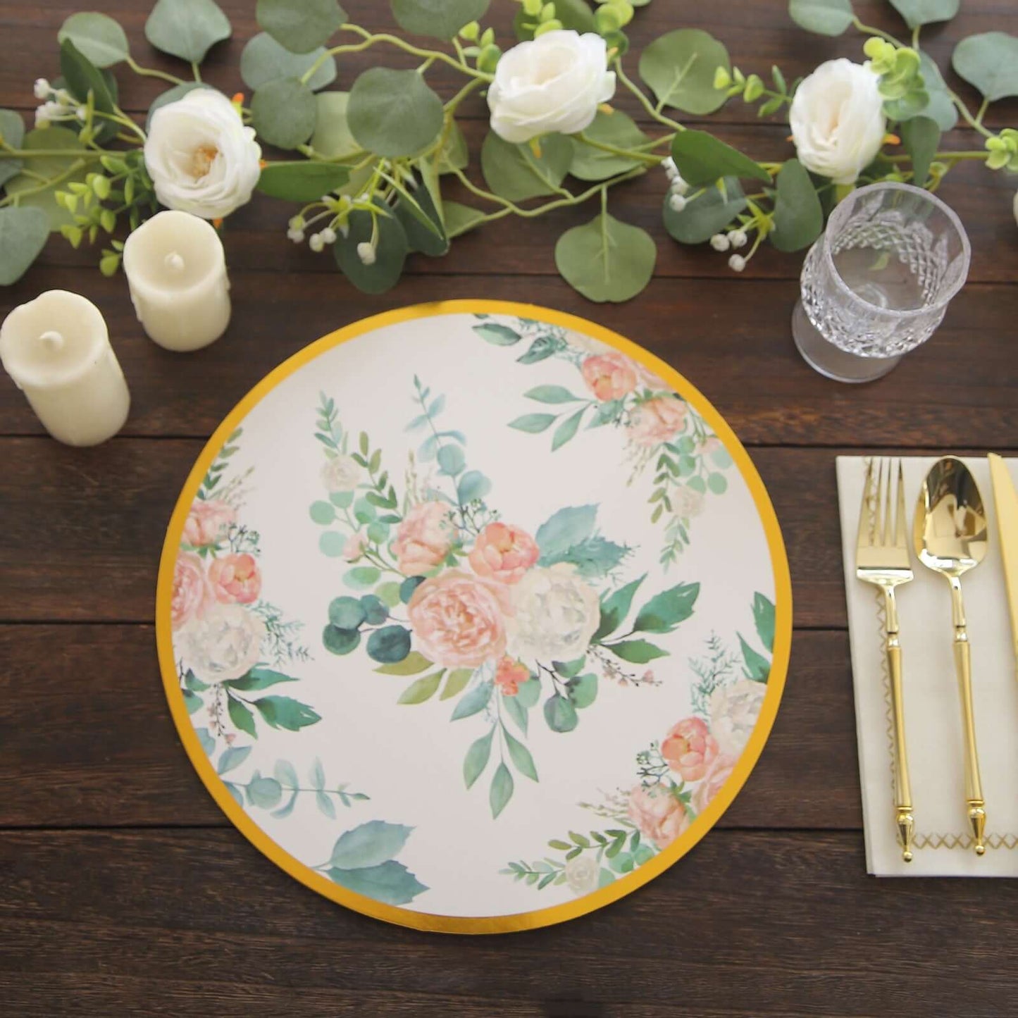 6-Pack Disposable Charger Plates in Floral Print 13" in White/Pink with Gold Rim - 700GSM Paper Chargers for Stylish & Easy Cleanup