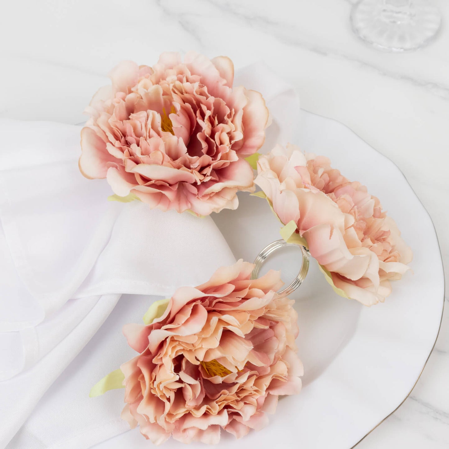 4-Pack Napkin Holders with Silk Peony Flower â€“ Pink Floral Napkin Rings for Dining Table Settings