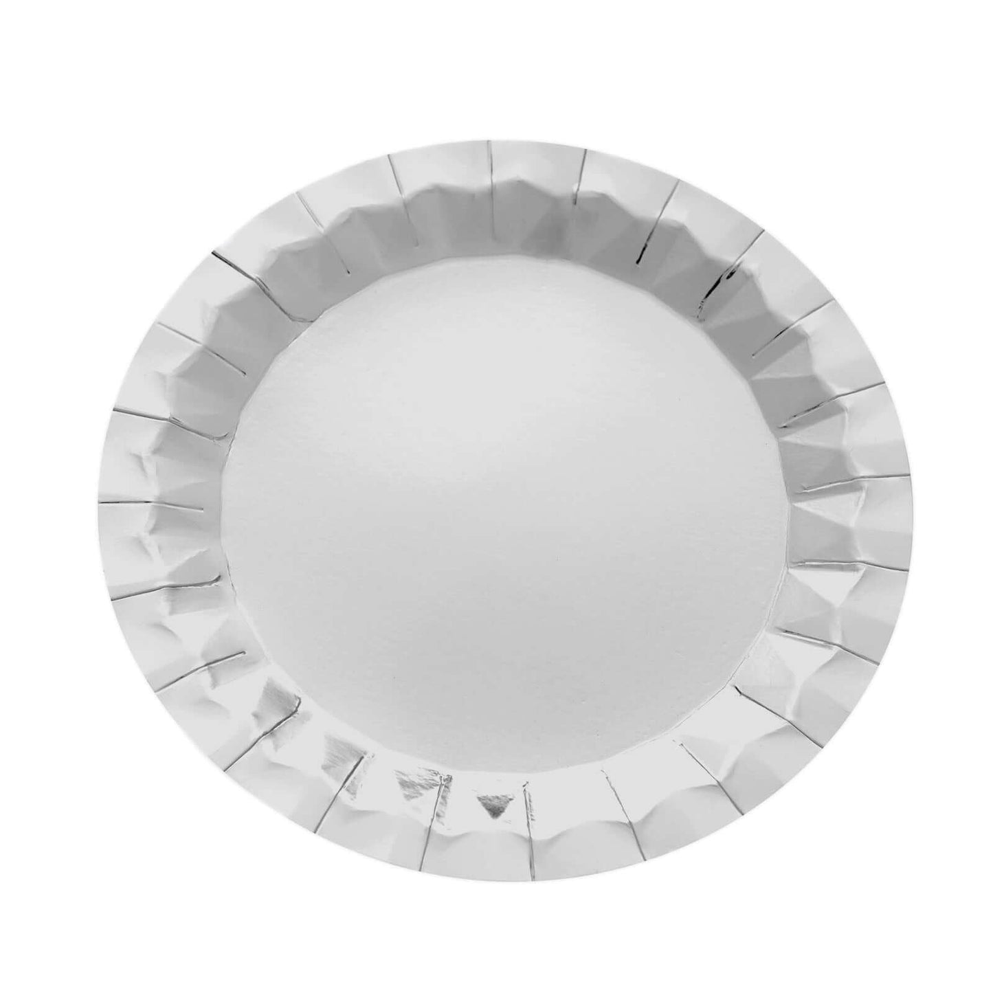 25-Pack Paper 9" Round Dinner Plates in Metallic Silver with Geometric Prism Rim - Disposable 400GSM Party Plates