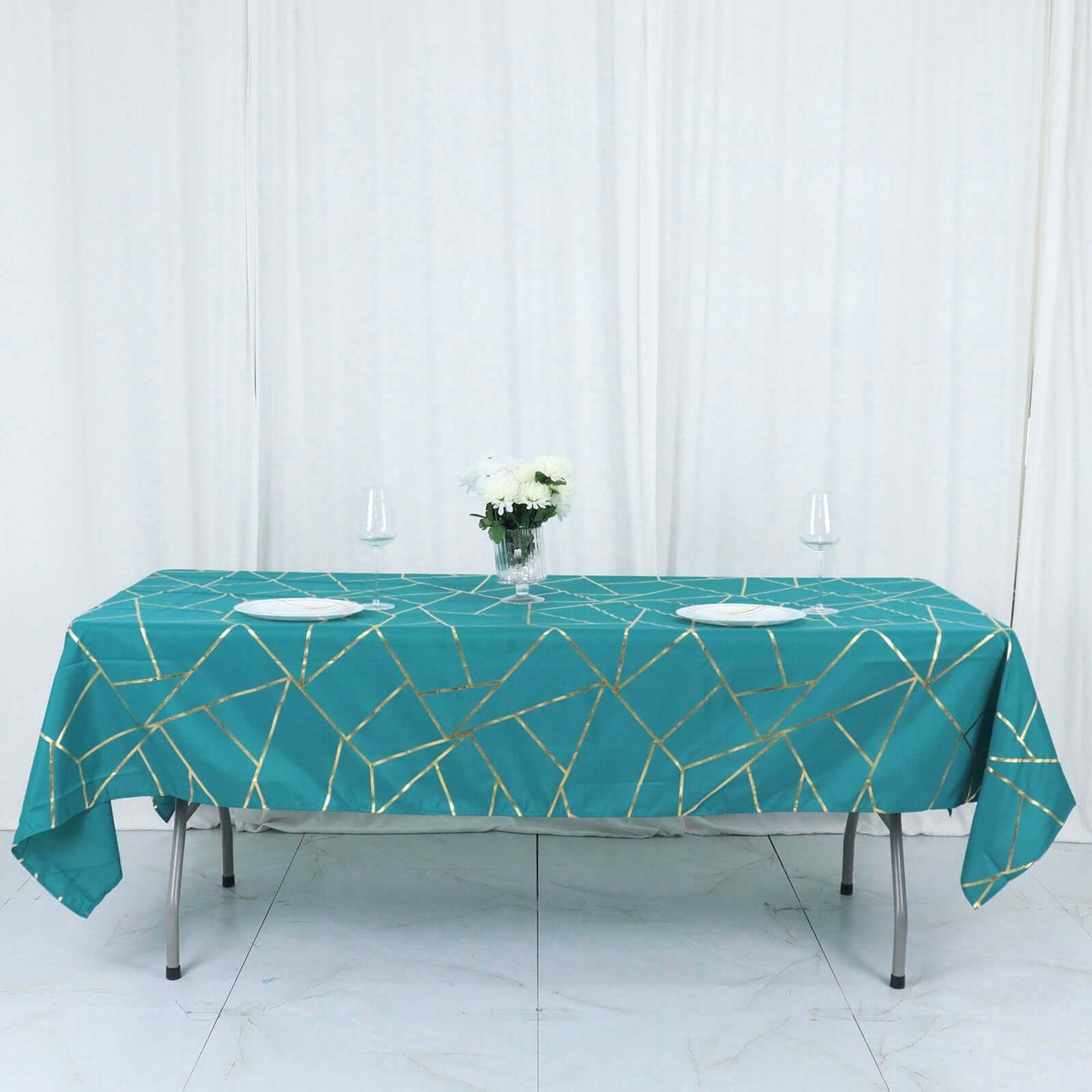 Polyester 60"x102" Rectangle Tablecloth Teal with Gold Foil Geometric Pattern - Wrinkle-Resistant & Durable Table Cover