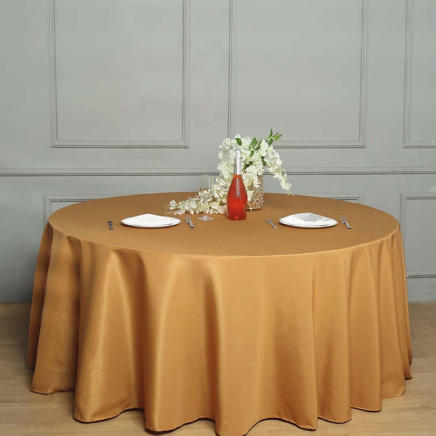 Polyester 132" Round Tablecloth Gold - Seamless Chic Design for Grand Celebrations