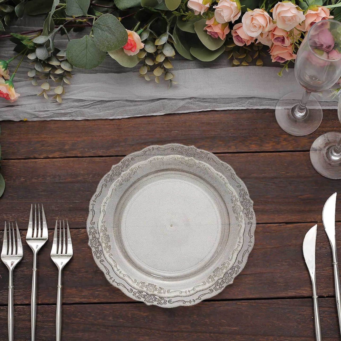 12-Pack Plastic 7" Round Salad Plates Clear with Gold Glitters & Floral Edge