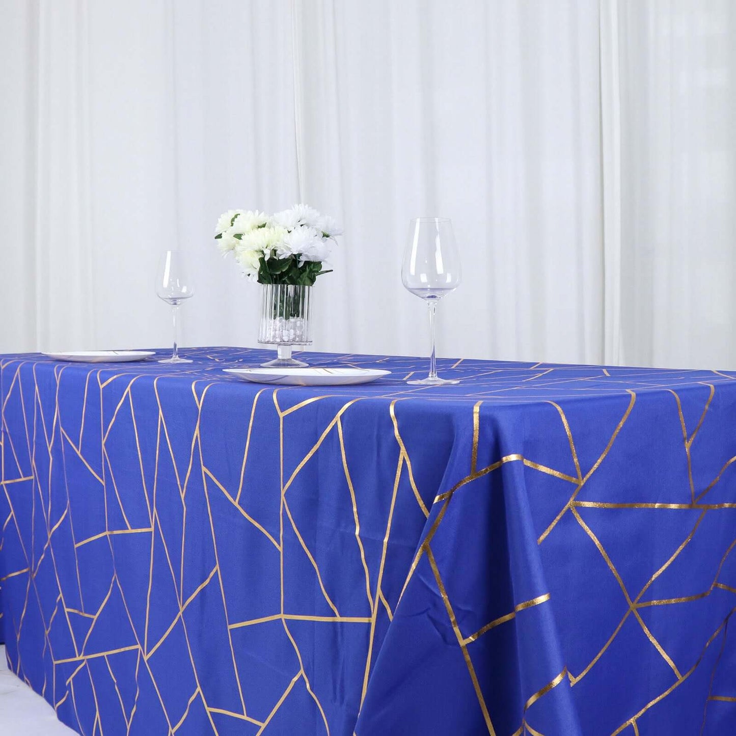 Polyester 90"x132" Rectangle Tablecloth Royal Blue with Gold Foil Geometric Pattern - Wrinkle-Resistant Seamless Table Cover