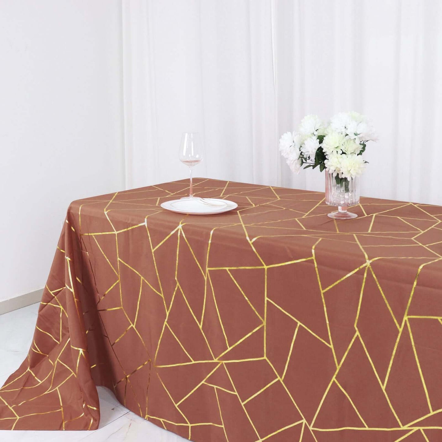 Polyester 90"x132" Rectangle Tablecloth Terracotta (Rust) with Gold Foil Geometric Pattern - Wrinkle-Resistant Seamless Table Cover