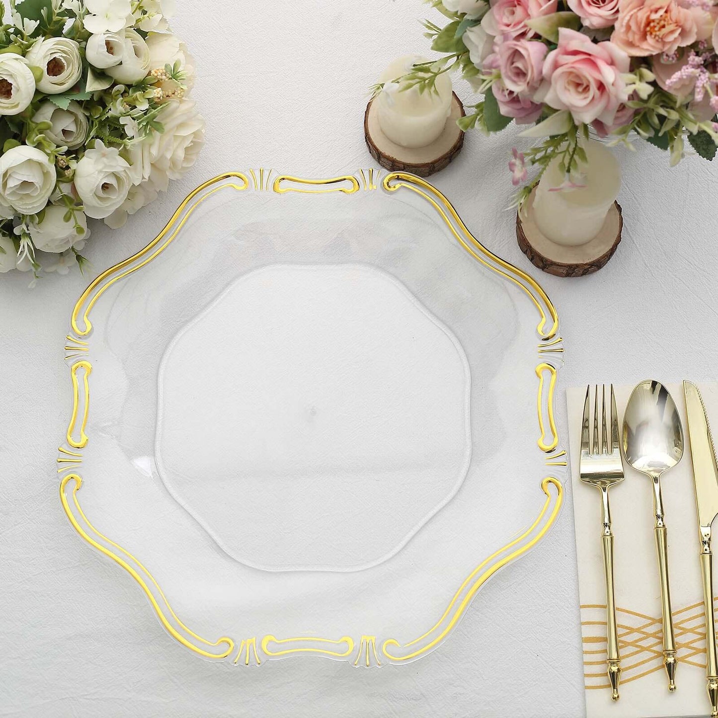 6-Pack Acrylic Plastic Hexagon Charger Plates 13" in Clear with Gold Baroque Scalloped Rim, Exquisite Dinner Serving Plates