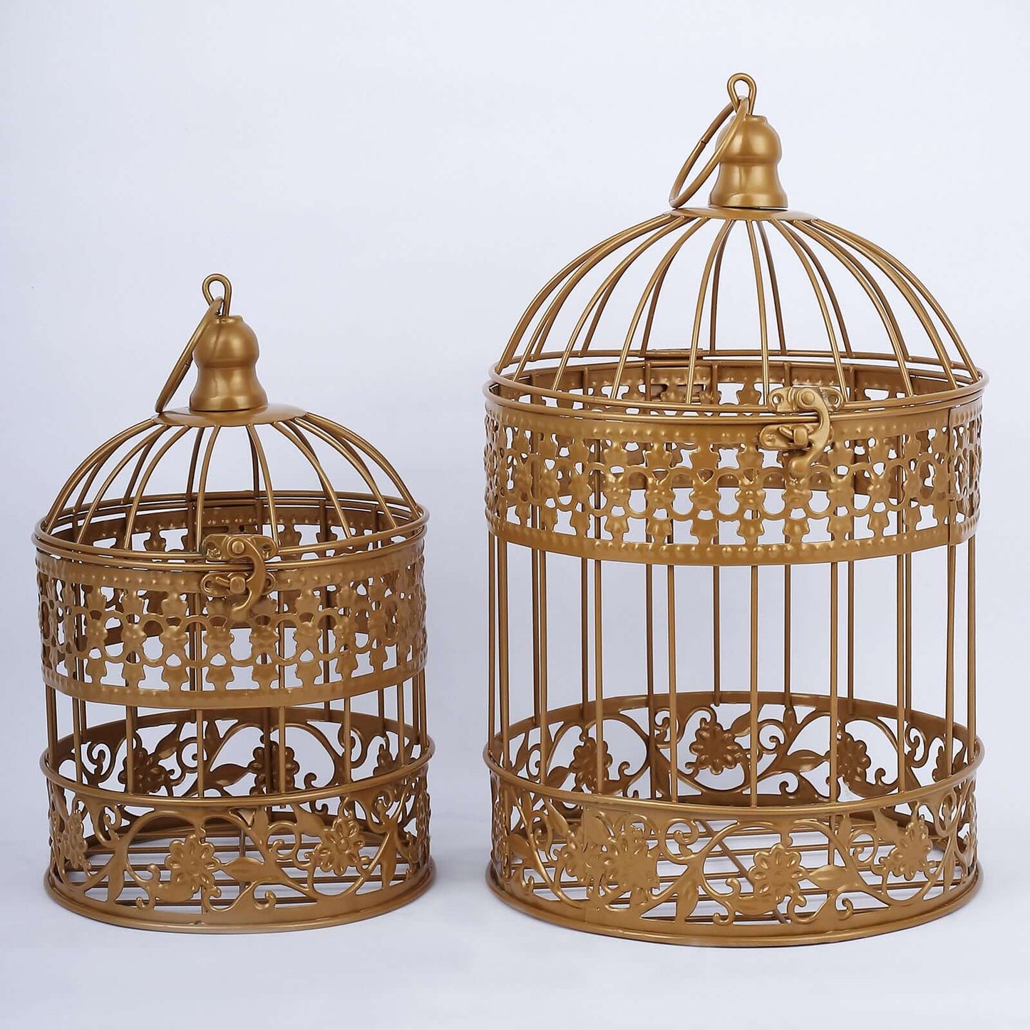 Set of 2 Card Holders Wrought Iron Bird Cage Design Metallic Gold - Decorative Display Stand 9"/13"