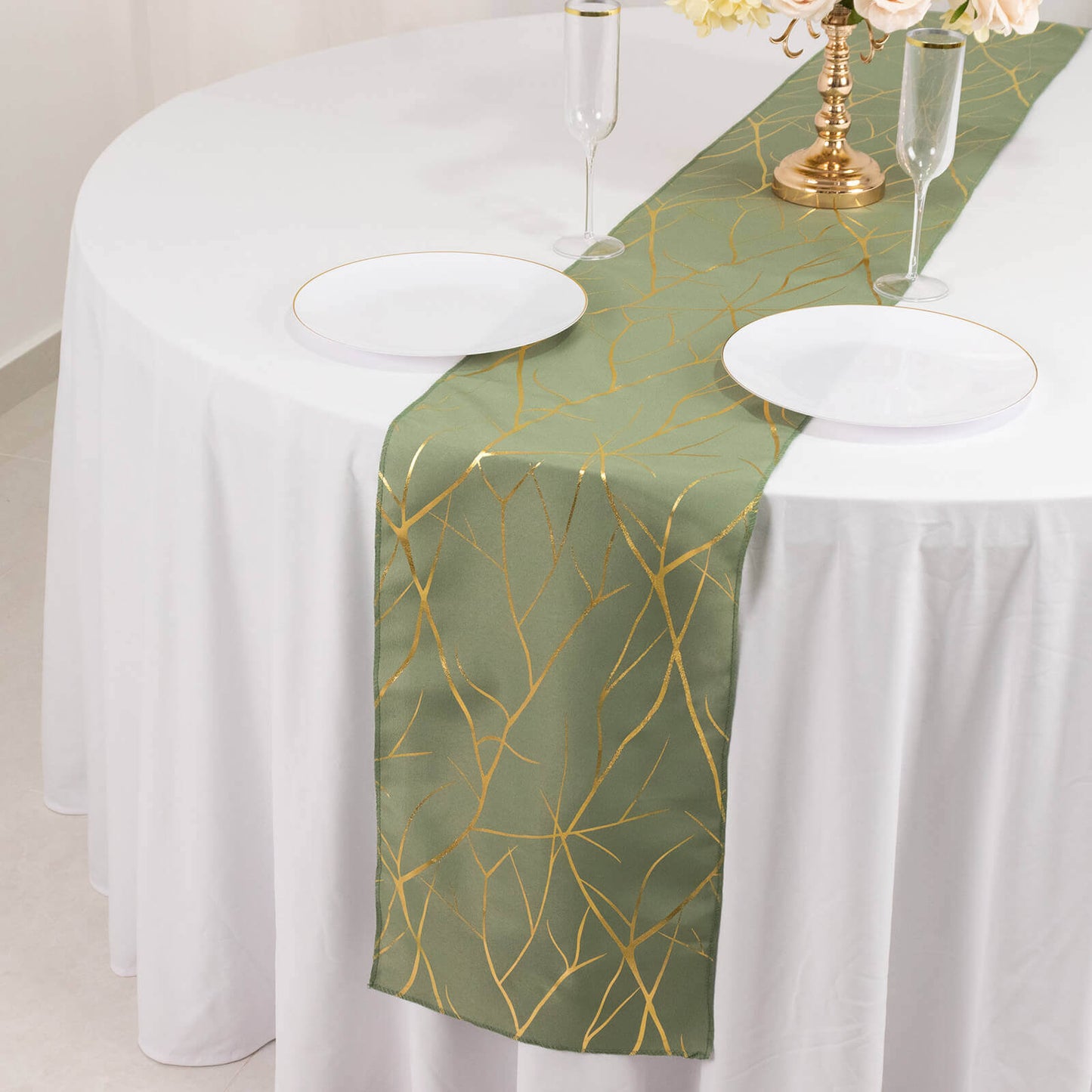 Polyester 9ft Table Runner Dusty Sage Green with Gold Foil Tree Branch Pattern - Stylish Table Linen