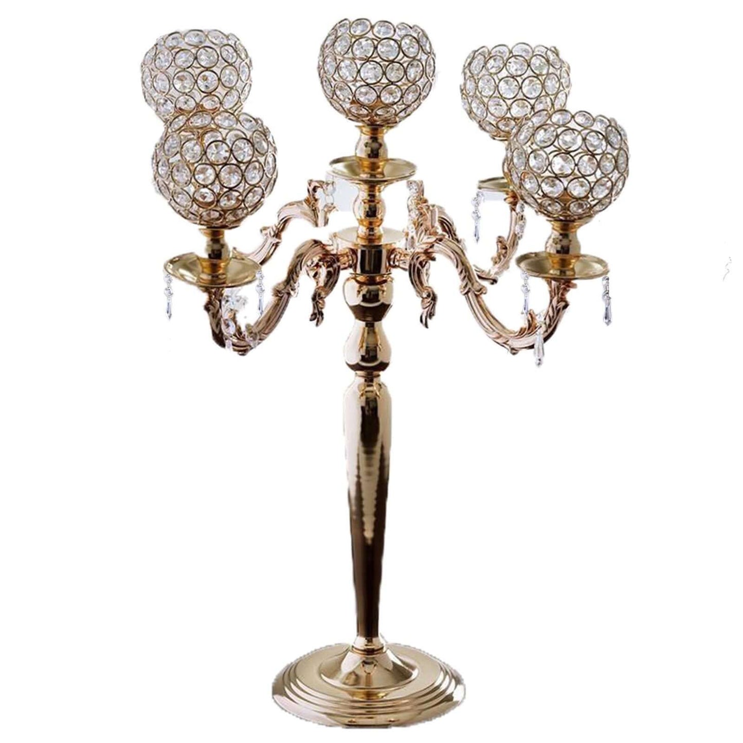 5-Arm Crystal Beaded Globe Candelabra Gold Metal - Chic Candle Holder Table Centerpiece for Gatherings 25"