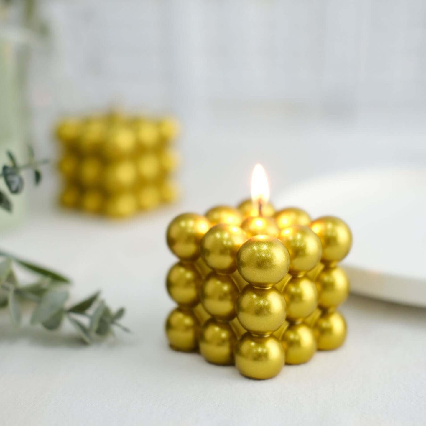 2-Pack Decorative Paraffin Wax Candles Bubble Cube Design Metallic Gold - Unscented Long Burning Pillar Candle Set 2"