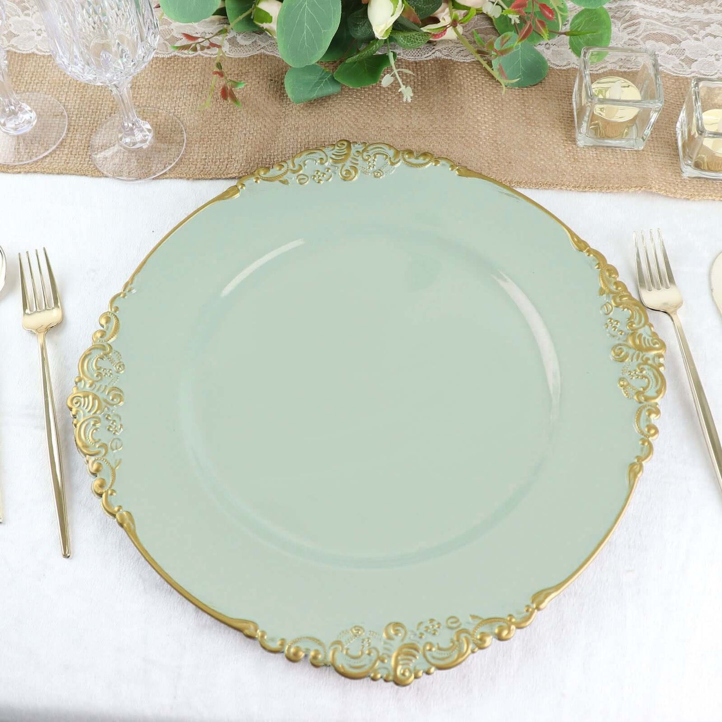 6-Pack Acrylic Round Charger Plates 13" in Sage Green with Gold Embossed Baroque Rim, Antique Decorative Dinner Party Charger Tableware