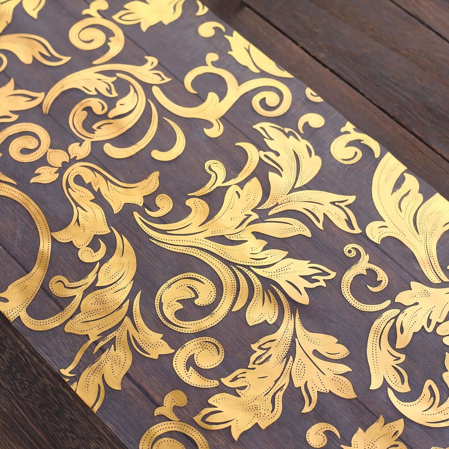 Sheer Organza 12"x108" Table Runner Roll Metallic Gold Foil Floral Swirl Design - Disposable Stylish Event Decoration