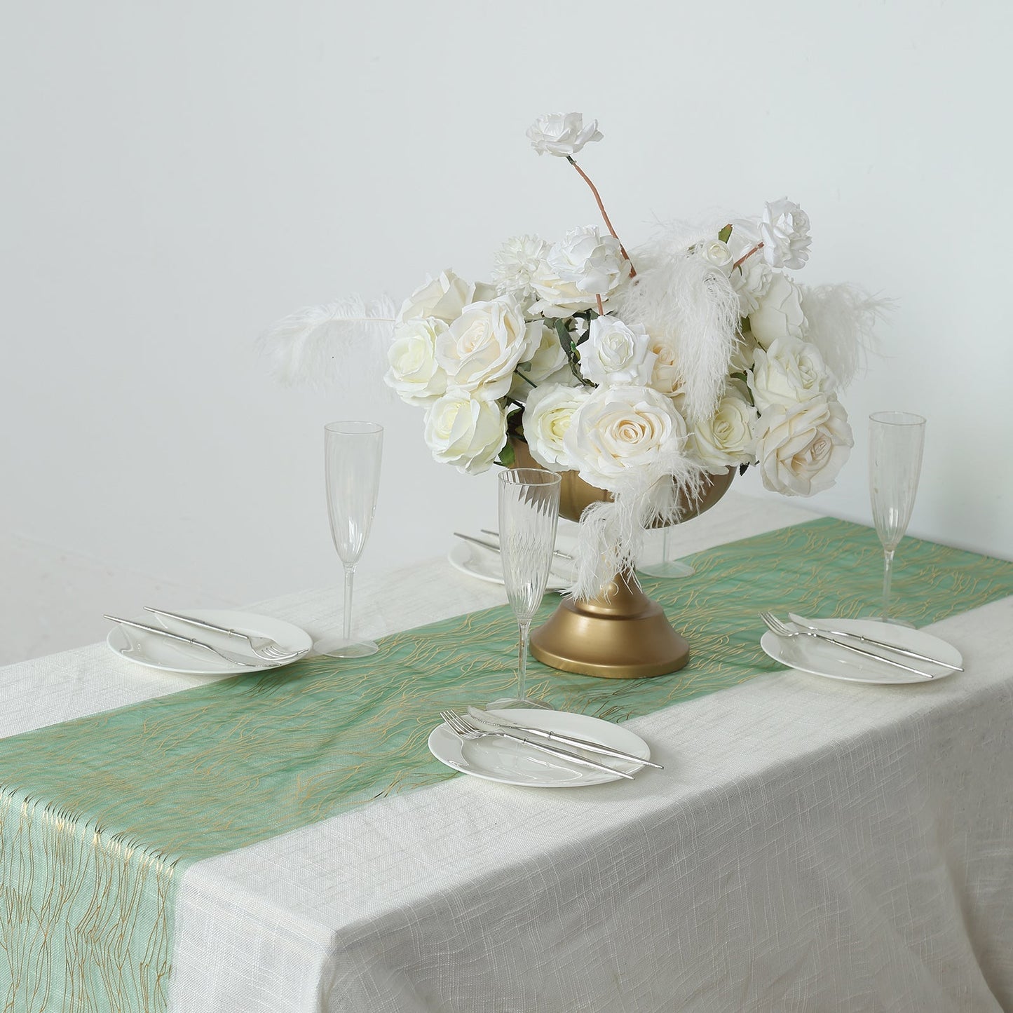 5 Pack Organza 12"x108" Table Runners Hunter Emerald Green - Gold Wave Design