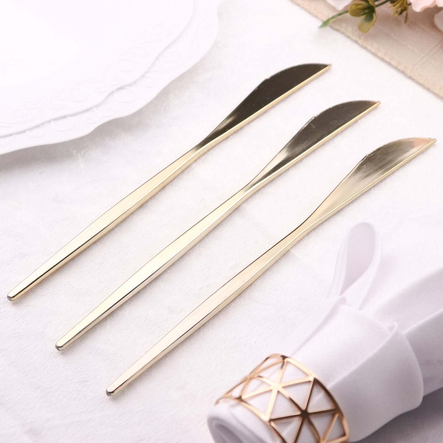 24-Pack Plastic Knives Glossy Gold - Premium Heavy Duty Disposable Flatware Cutlery 8"