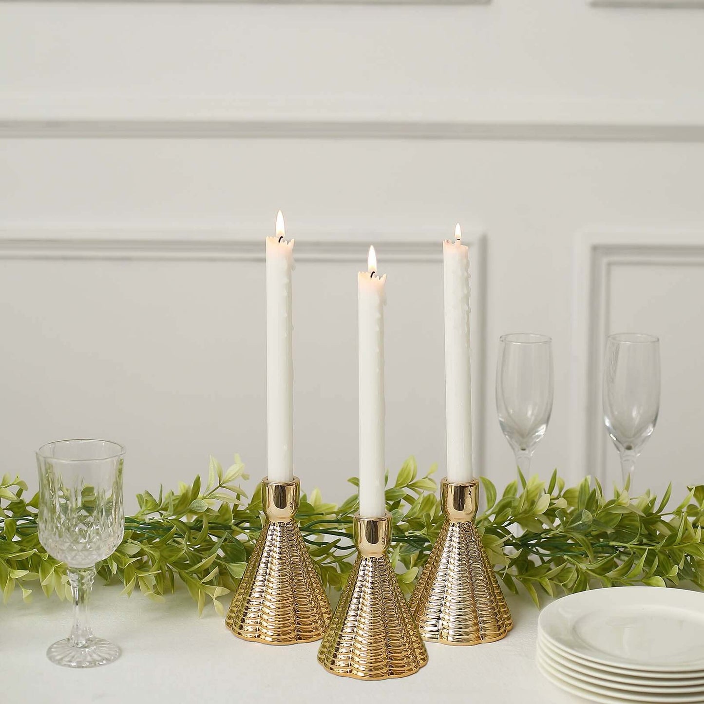 3-Pack Ceramic Taper Candle Holders Ribbed Cone Shaped Design Metallic Gold - Candlestick Stands for Decor 5"