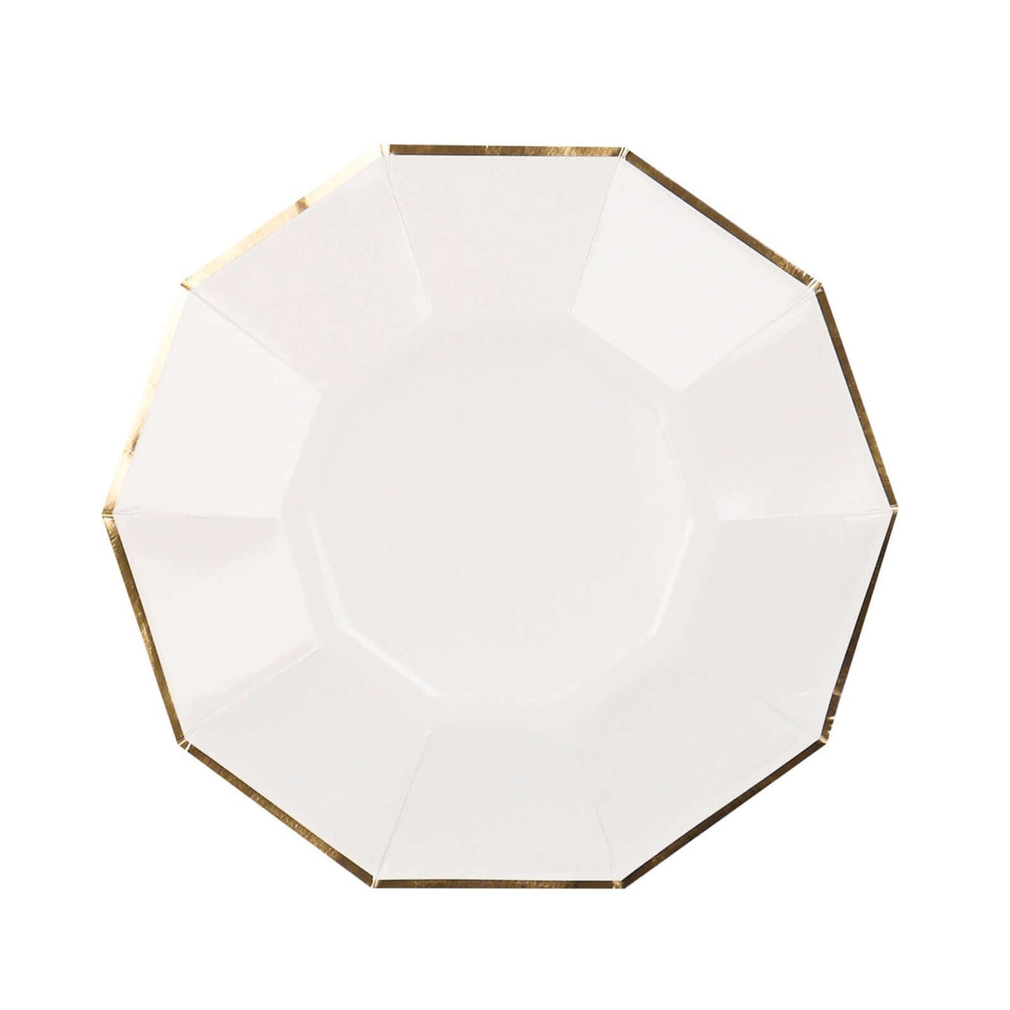 25-Pack Paper 7" Decagon Appetizer Plates in White with Gold Foil Rim - Stylish Geometric Dessert/Salad Plates for Cocktail Parties & Receptions