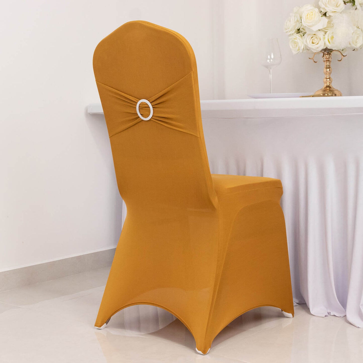 Spandex Chair Cover with Silver Rhinestone Buckled Sash Band Gold - Stylish Stretch Fitted Slipcover for Banquets & Events