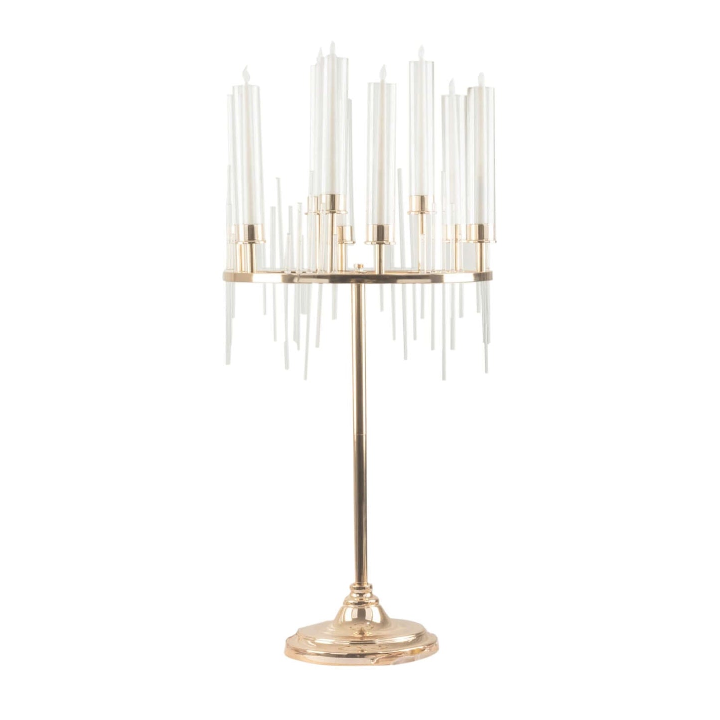 Metal 9-Arm Round Cluster Taper Candelabra Table Centerpiece Gold - Candlestick Holder Table Centerpiece With Drip Accents and Clear Glass Shades 40"