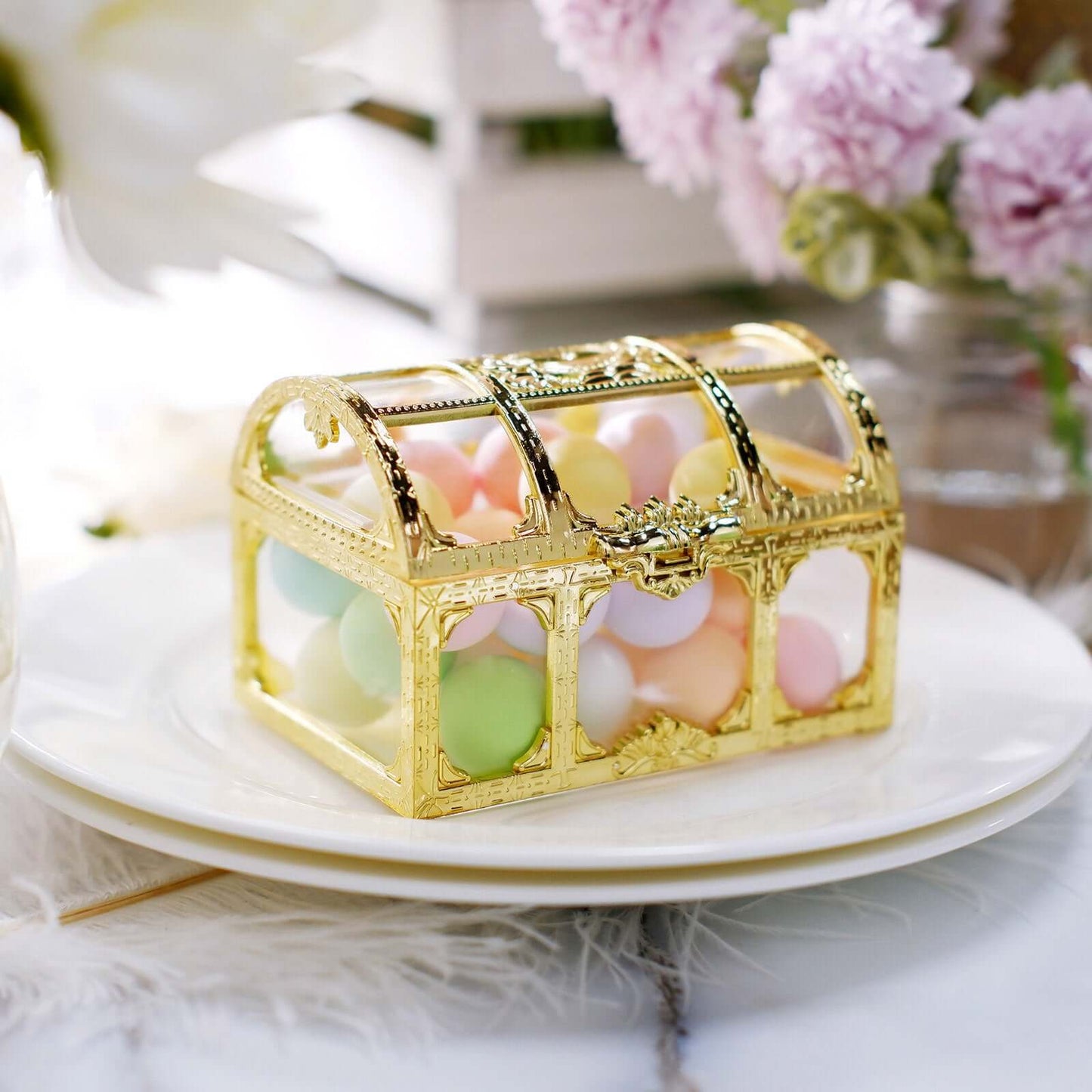 12-Pack Vintage Jewelry Box Candy Containers Clear Gold - Stylish Treasure Chest Favor Boxes 3.5"