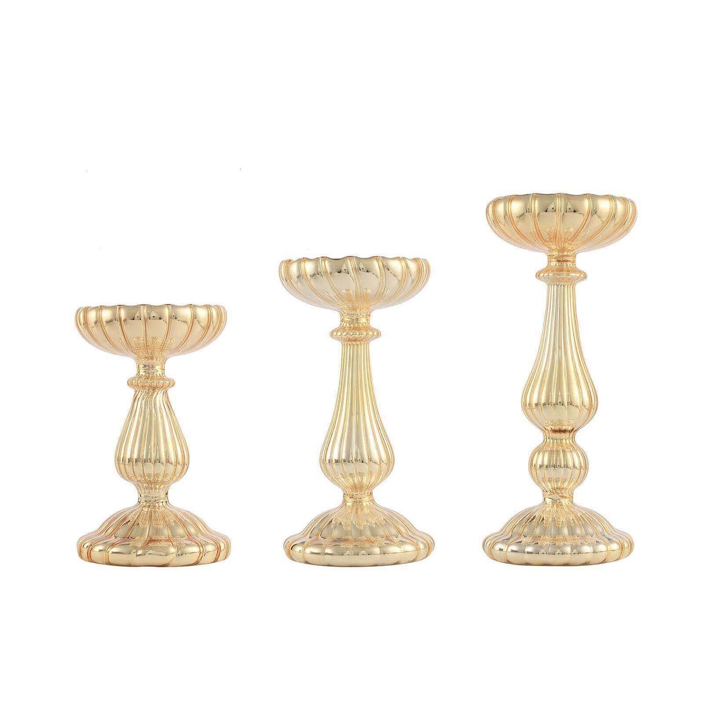 Set of 3 Candle Holder Stands Gold Mercury Glass Pillar Design - Stylish Votive Centerpieces for Tables & Decor 7", 8", 10"