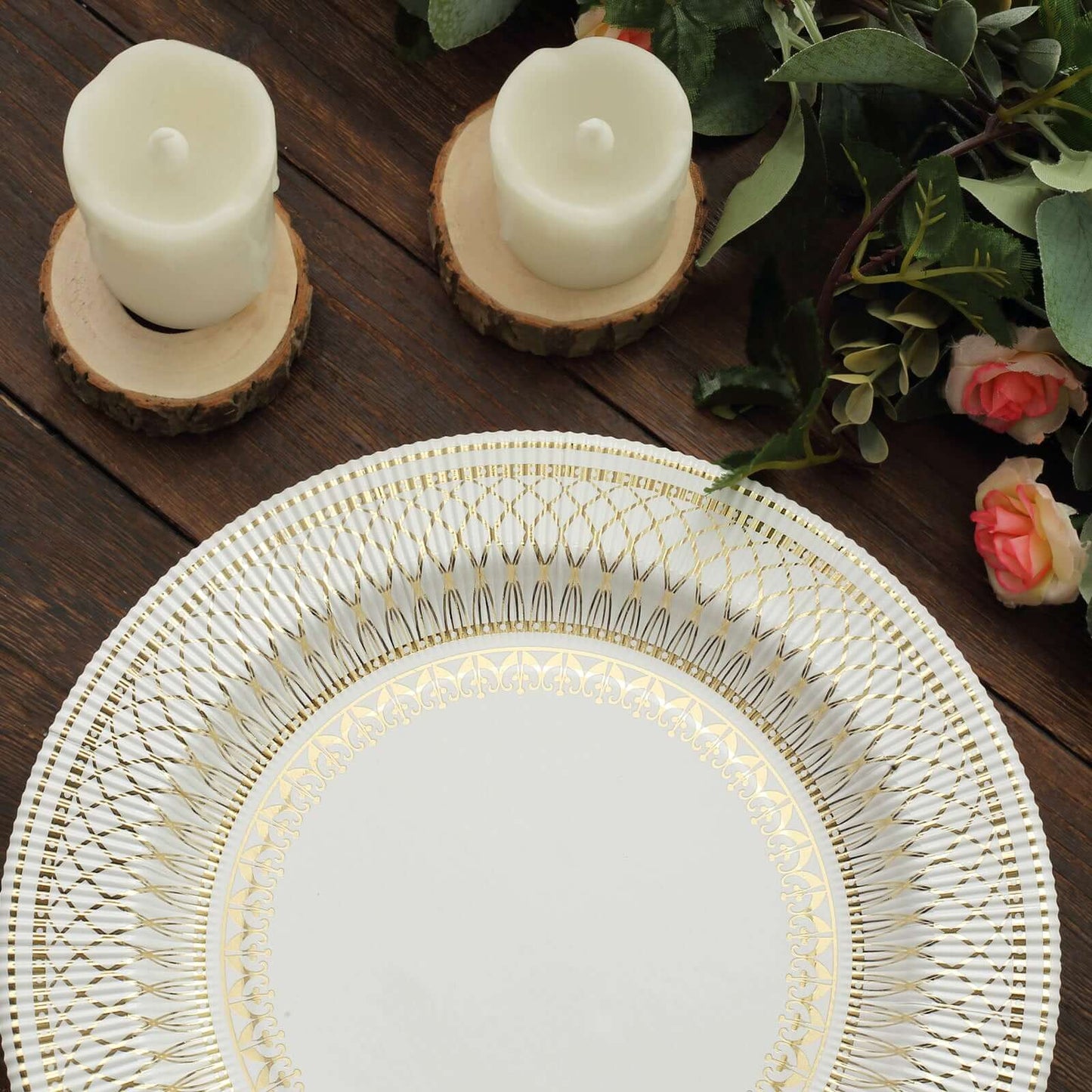 25-Pack Paper 10" Round Dinner Plates in White with Gold Vintage Porcelain Style Rim - Disposable 300GSM Party Plates