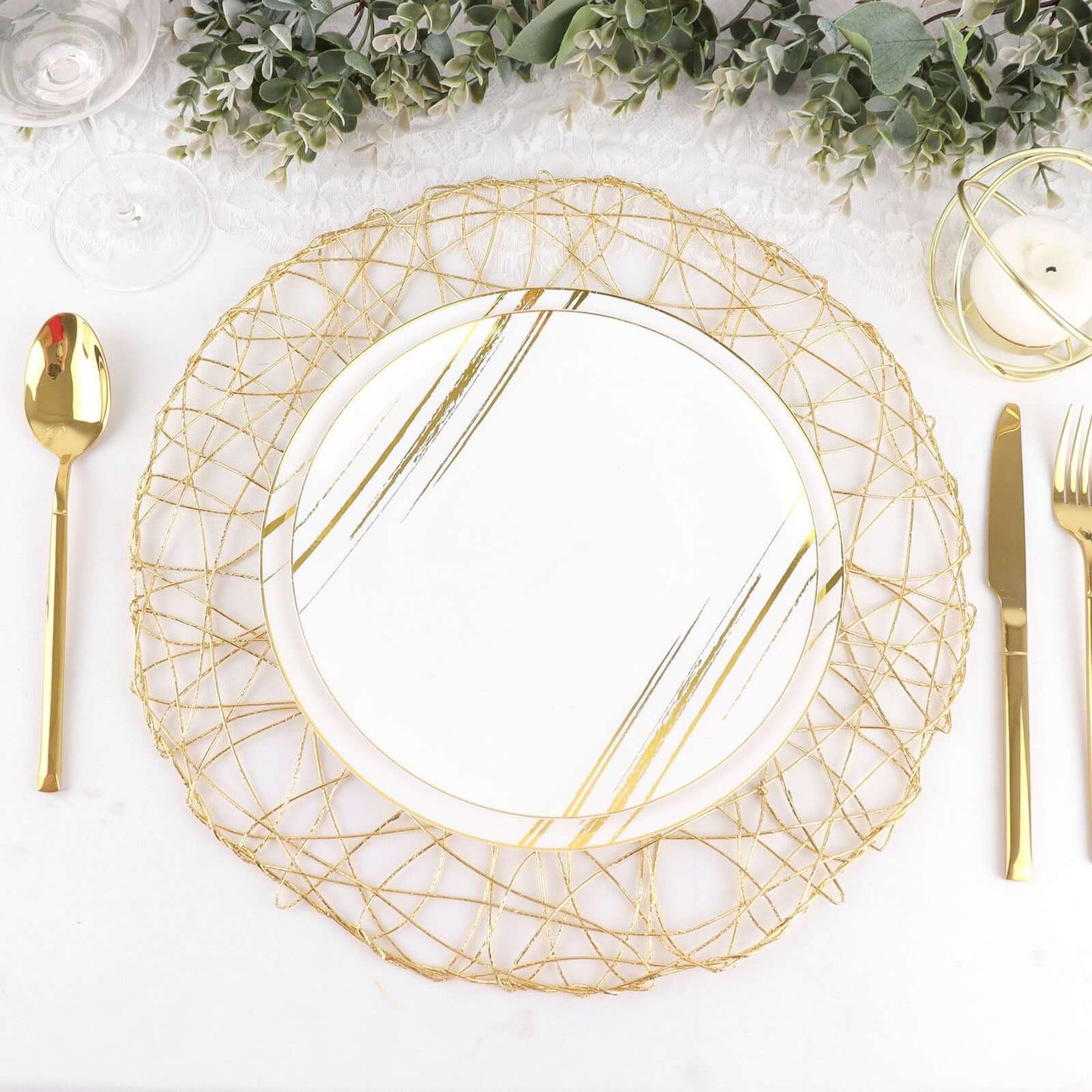 6-Pack Table Placemats Woven Fiber Design Gold Round - Disposable Mats for Dining and Events 15"