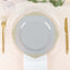10-Pack Plastic 10" Round Dinner Plates in Gray with Gold Leaf Embossed Rim - Disposable Vintage Baroque Style Plates