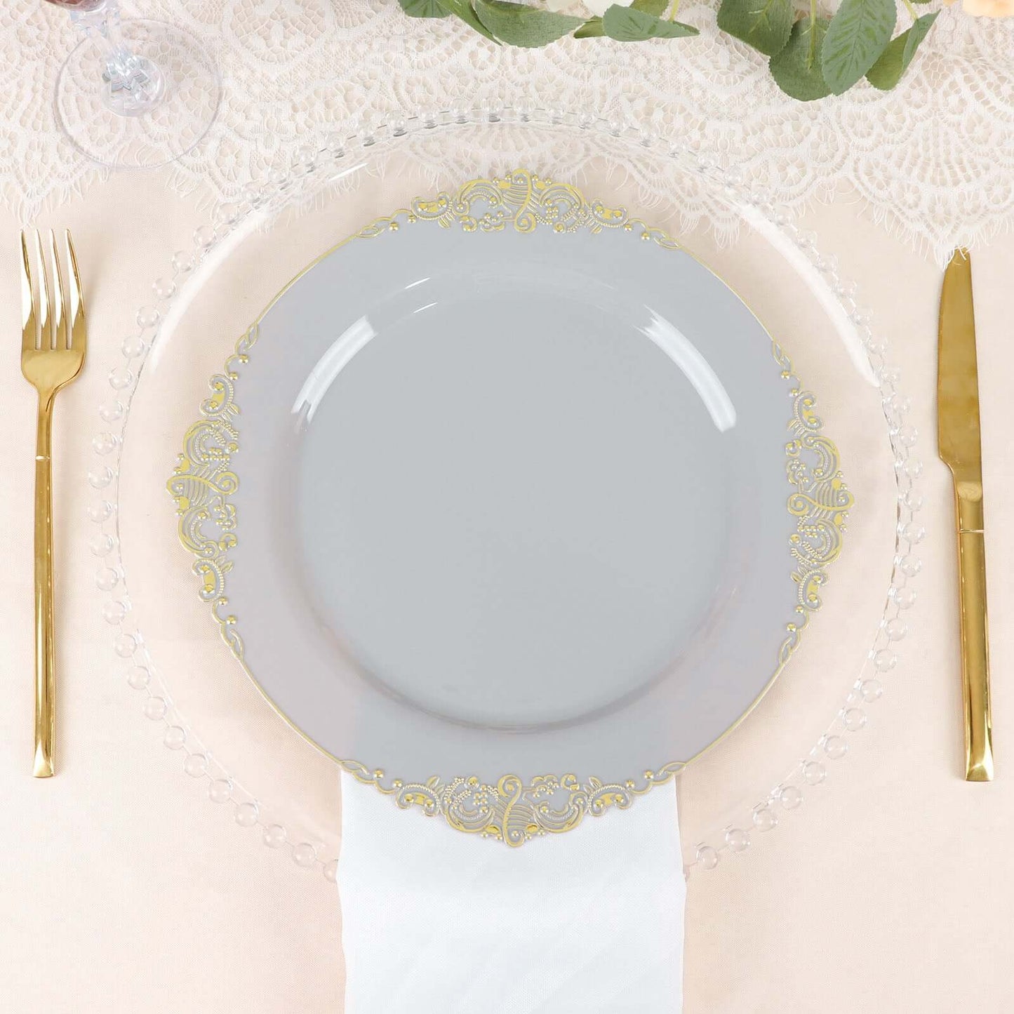 10-Pack Plastic 10" Round Dinner Plates in Gray with Gold Leaf Embossed Rim - Disposable Vintage Baroque Style Plates