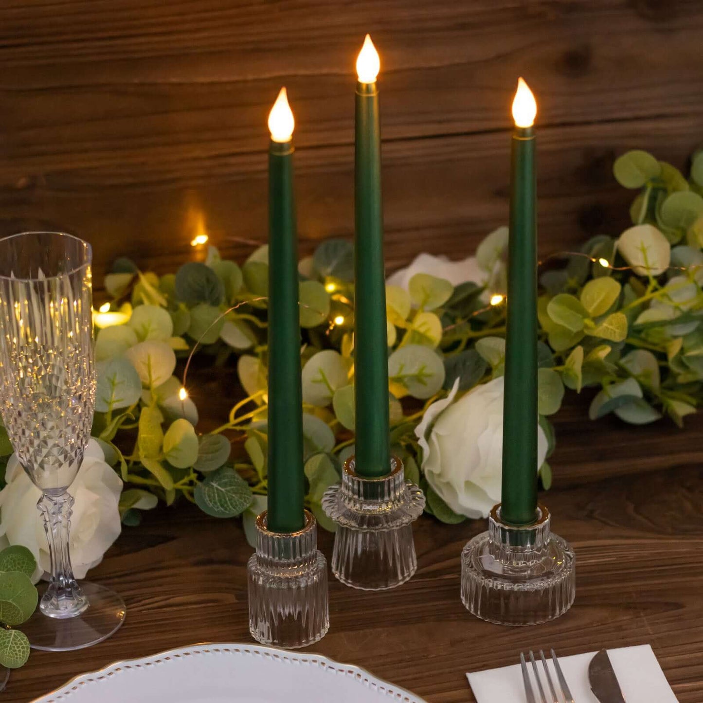 3-Pack LED Decorative Lighting Warm Flickering Hunter Emerald Green - Flameless Taper Candles 11"