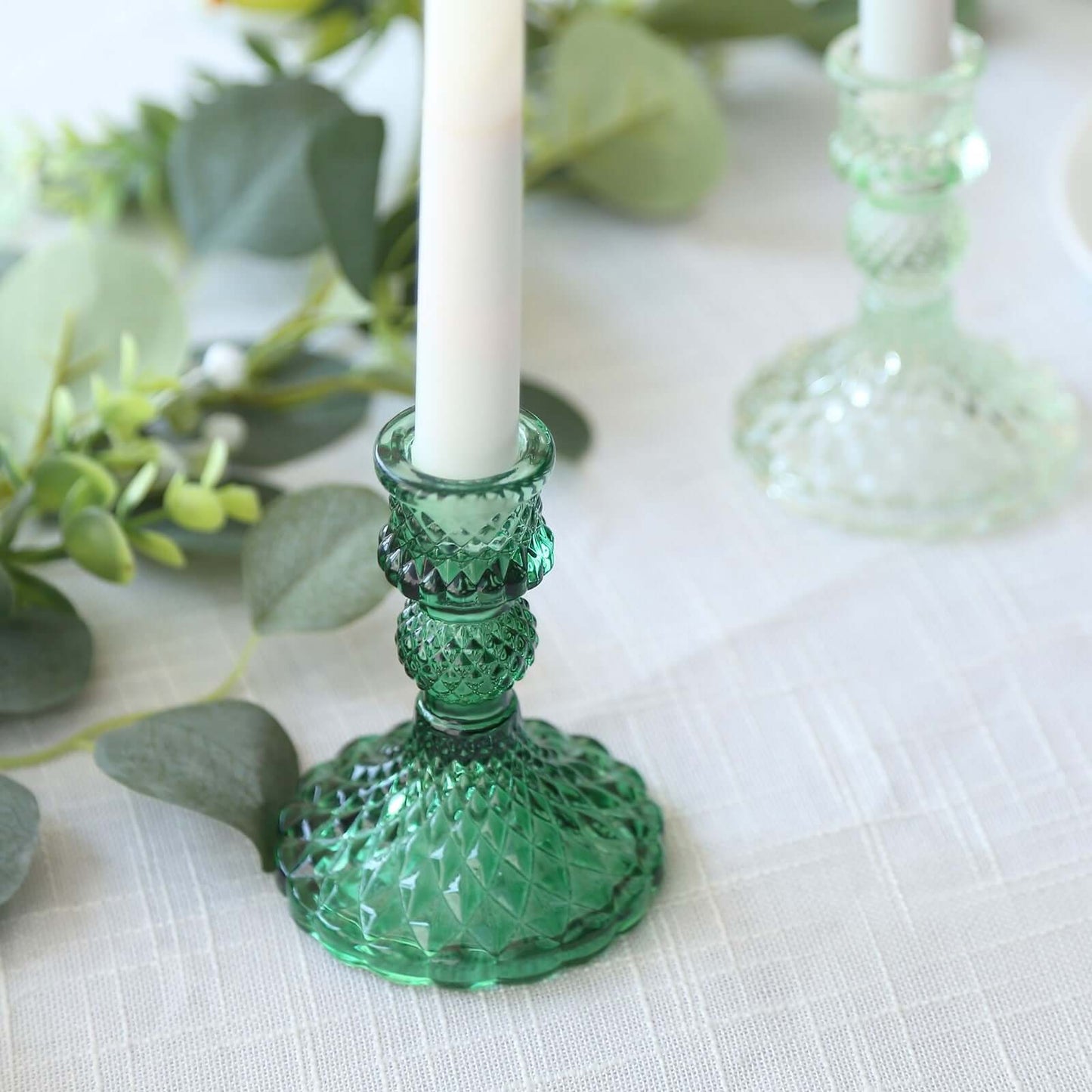 6-Pack Glass Taper Candlestick Holders Diamond Pattern Design Assorted Green - Reversible Crystal Pillar Votive Stands 4"