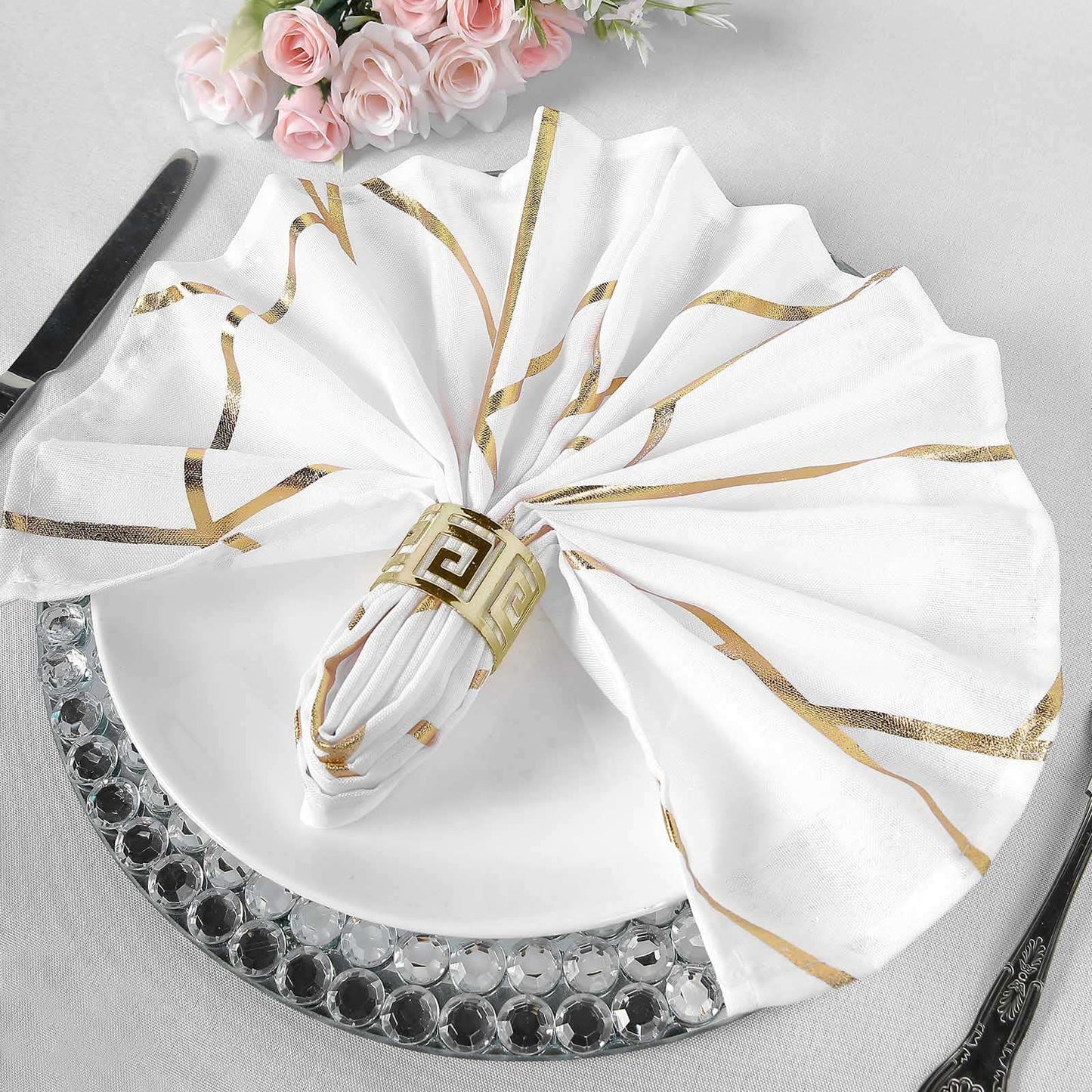 5 Pack Polyester 20"x20" Napkins White with Gold Geometric Foil Pattern - Modern Reusable Dinner Napkins for Home & Events