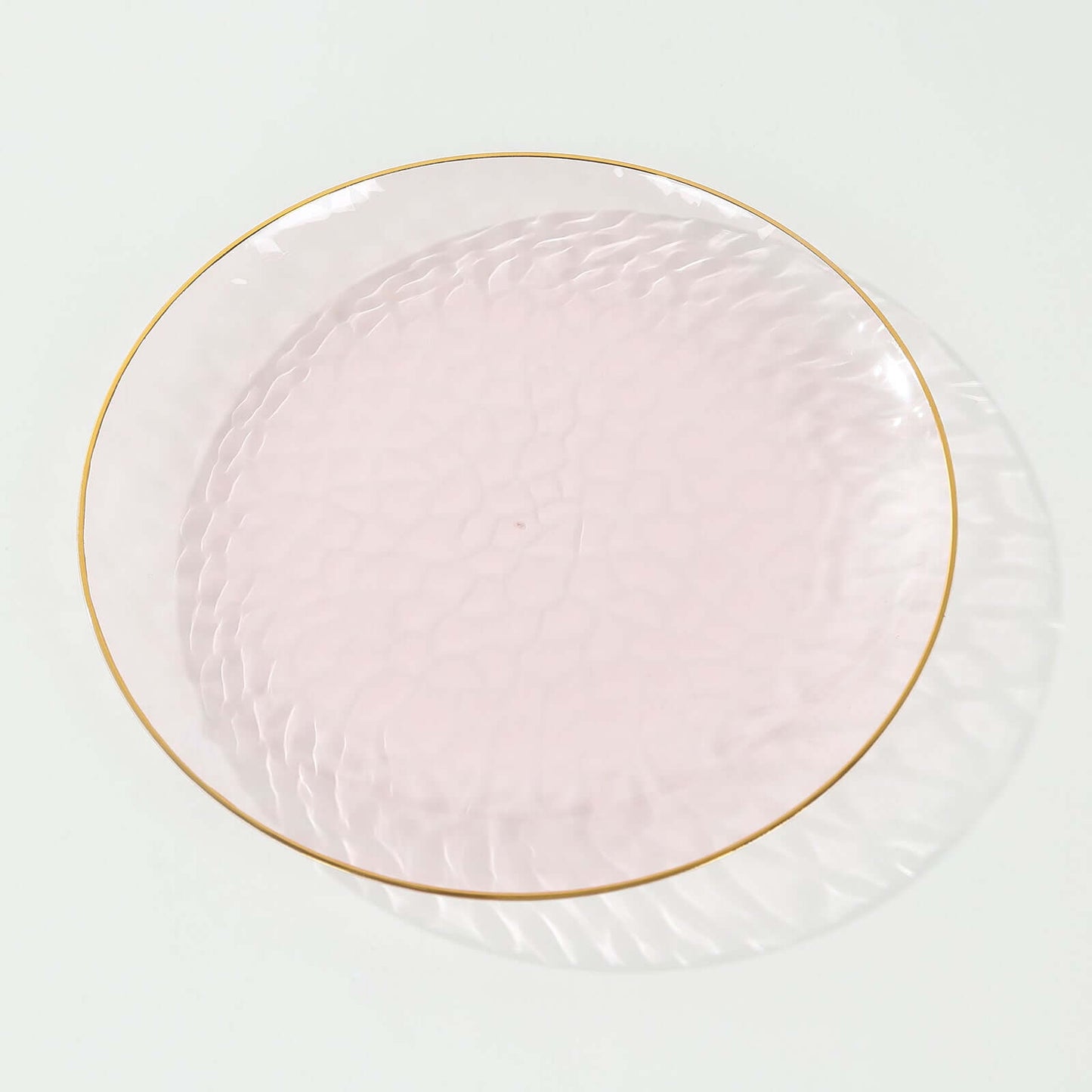 10-Pack Plastic 9" Round Dinner Plates in Transparent Blush Hammered Design with Gold Rim - Modern Disposable Party Plates