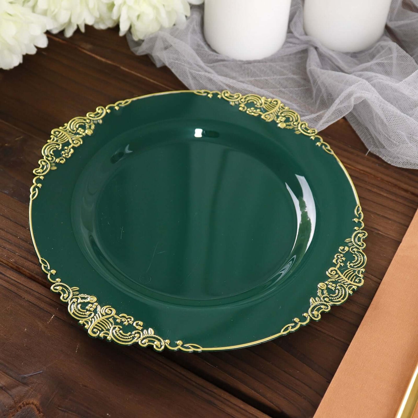 10-Pack Plastic 8" Round Dessert Plates in Hunter Emerald Green with Gold Leaf Embossed Rim - Disposable Vintage Baroque Style Salad Plates