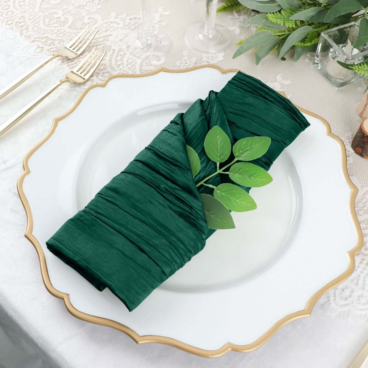 5 Pack Taffeta 20"x20" Napkins Hunter Emerald Green - Accordion Crinkle Dinner Napkins