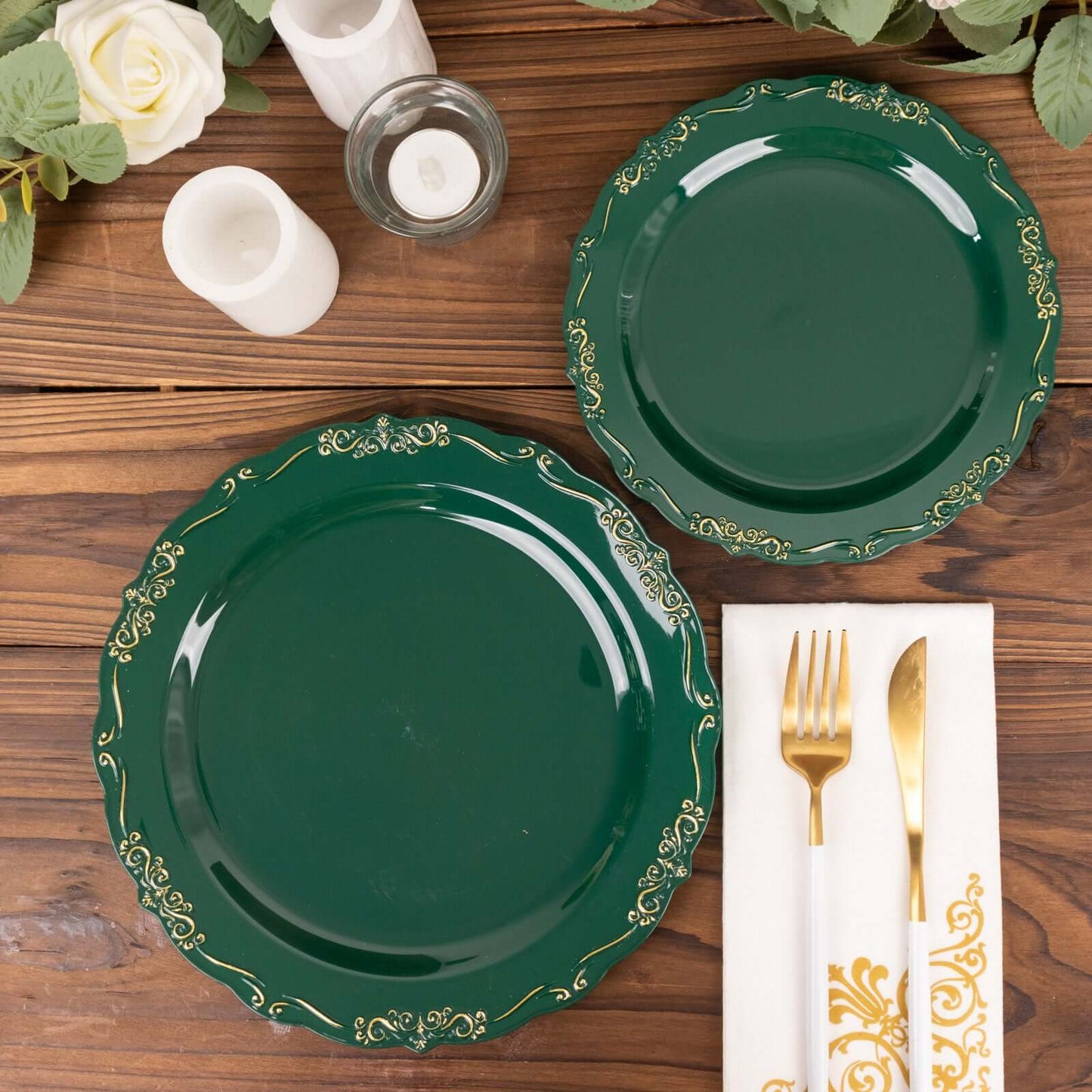 10-Pack Plastic 10" Round Dinner Plates in Hunter Emerald Green with Gold Vintage Embossed Rim - Sturdy Disposable Scalloped Edge Party Plates
