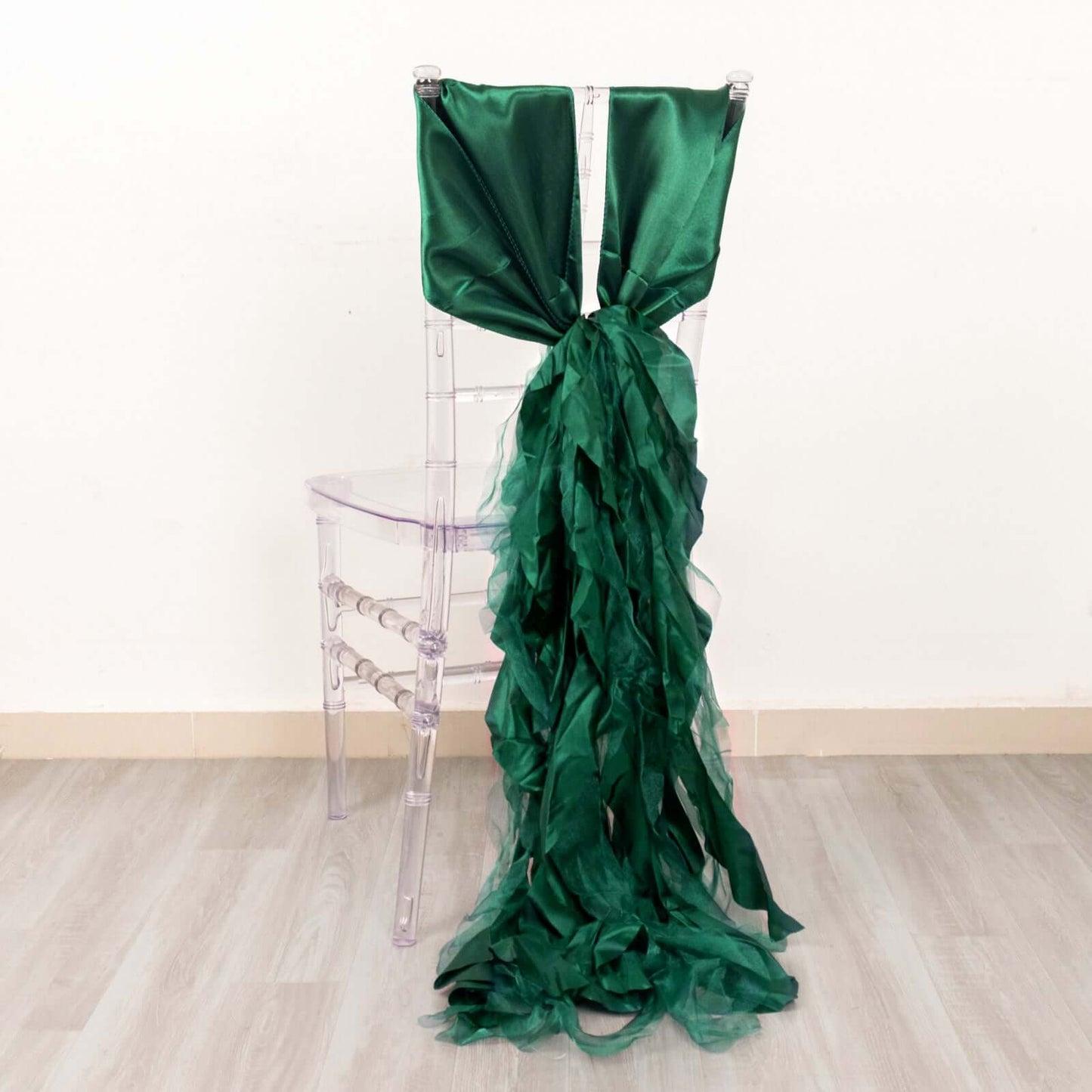 5 Pack Chiffon Satin Chair Sashes Hunter Emerald Green - Easy to Install Ruffled Curly Willow