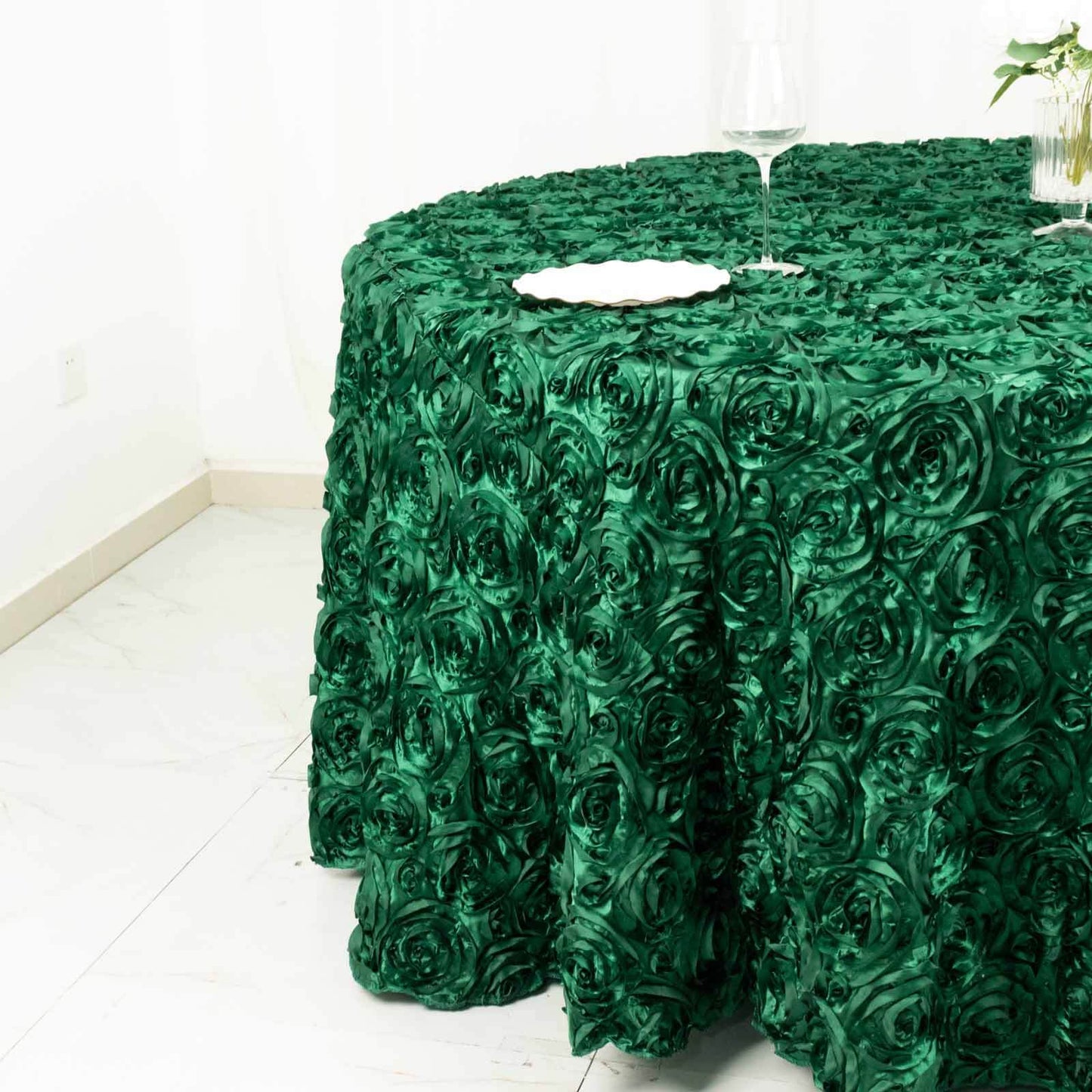 Satin 120" Round Tablecloth Hunter Emerald Green - Grandiose 3D Rosette with Seamless Finish Table Cover