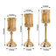 Set of 3 Lace Votive Candle Stands Antique Gold with Hurricane Glass Shades - Refined Pillar Candle Holders 13", 15", 17"