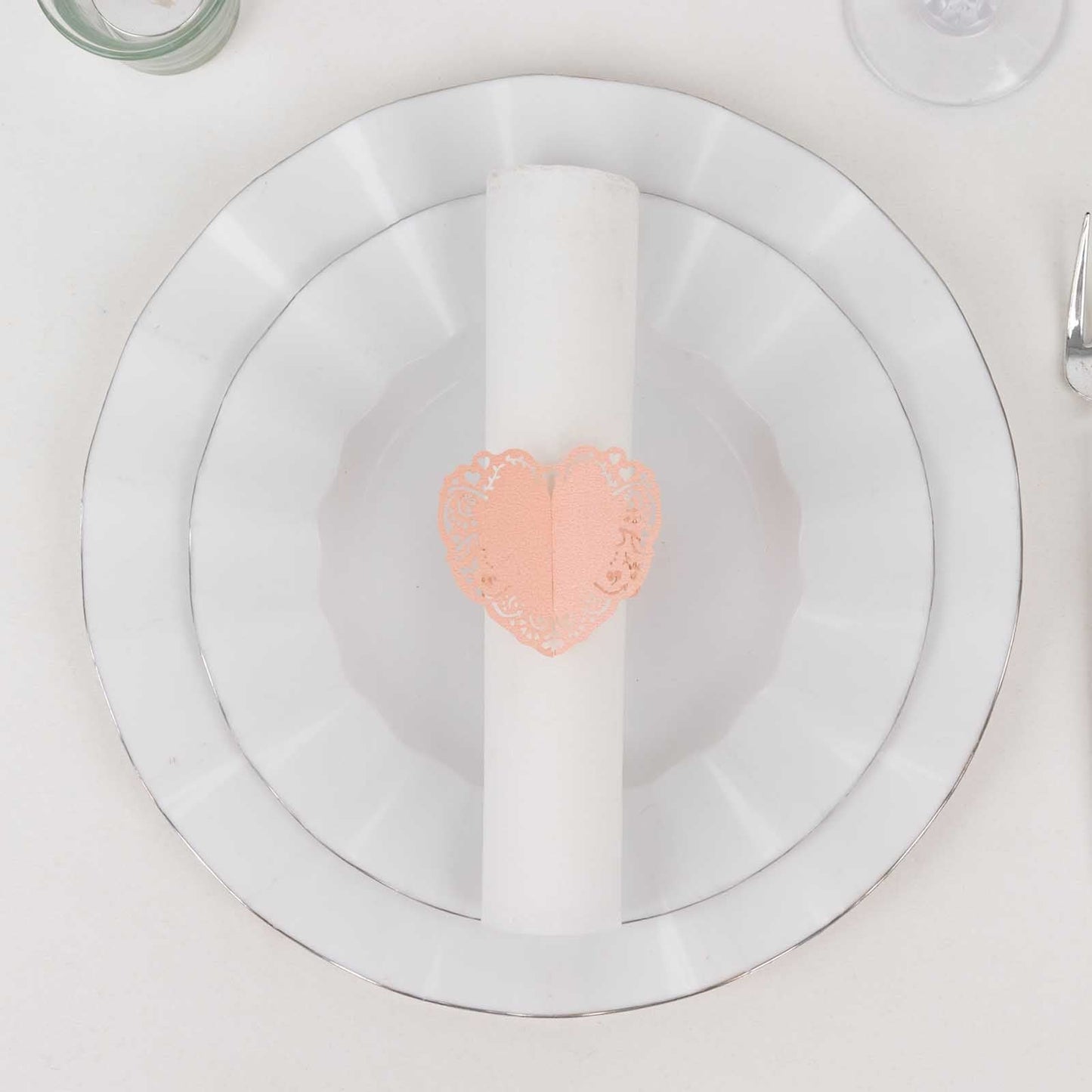 12 Pack Blush Shimmery Laser Cut Heart Paper Napkin Holders with Lace Pattern, Disposable Napkin Rings Bands
