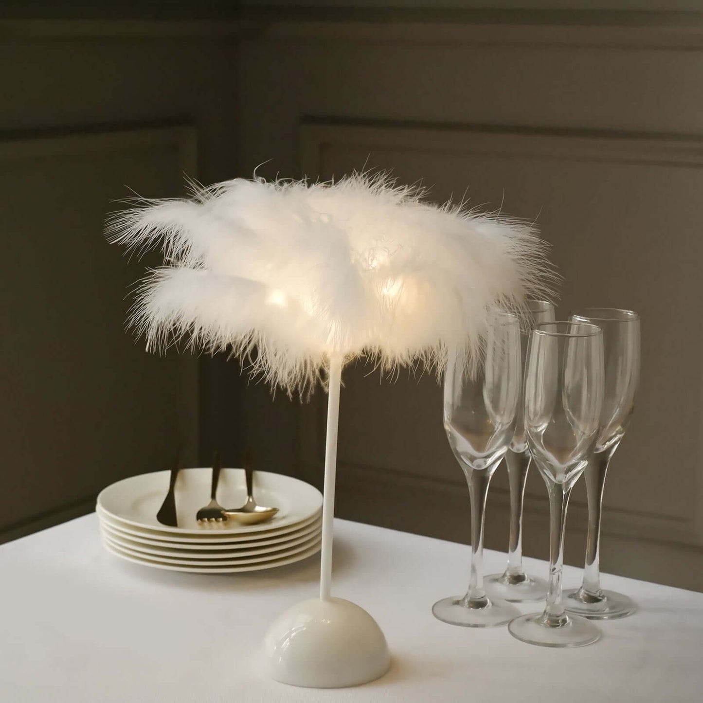 Table Lamp Feather Design White LED Battery Operated - Cordless Wedding Centerpiece 15"