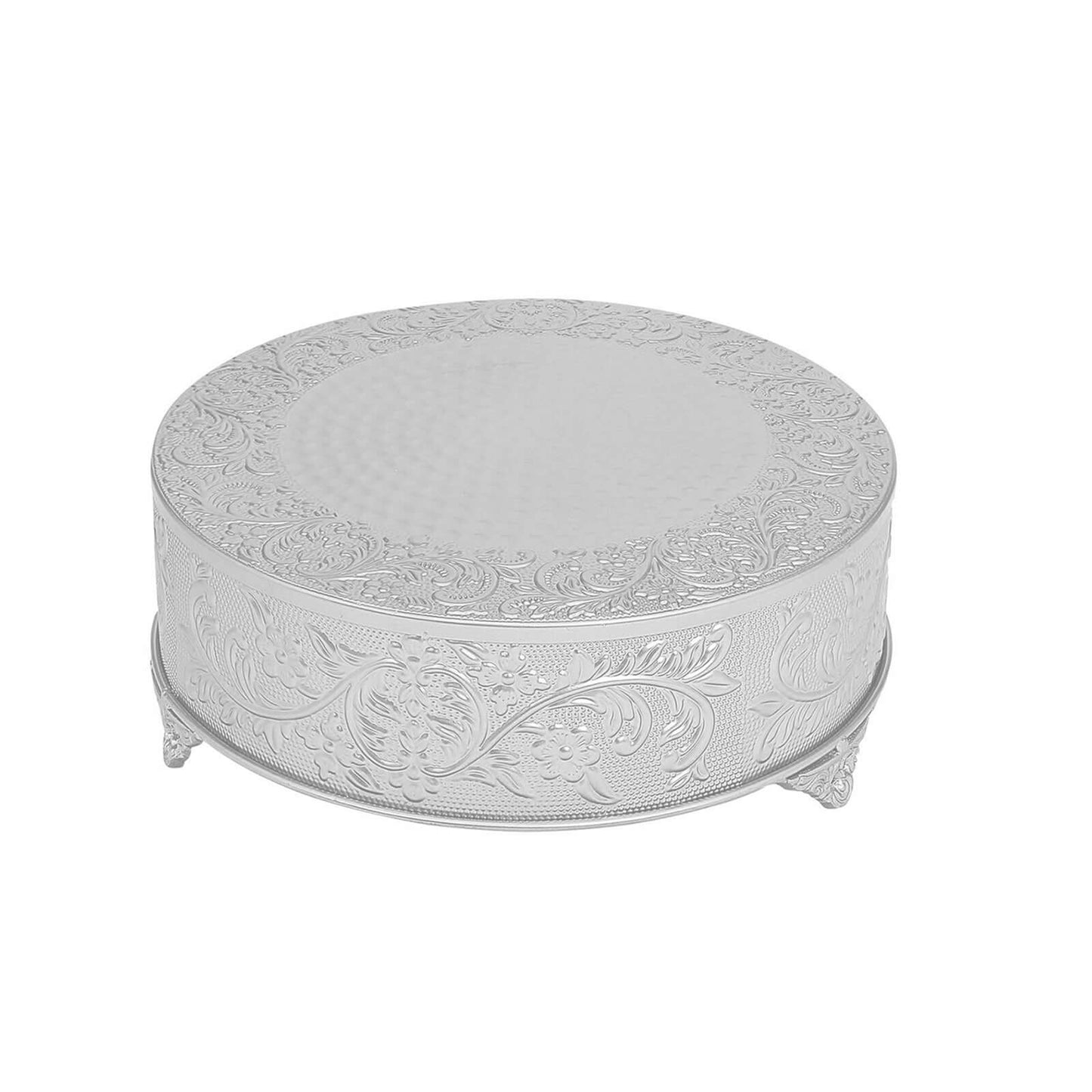 Metal 18" Round Cake Pedestal Stand Matte Silver - Cupcake Dessert Display Riser with Intricate Embossed Design for Upscale Events & Gatherings