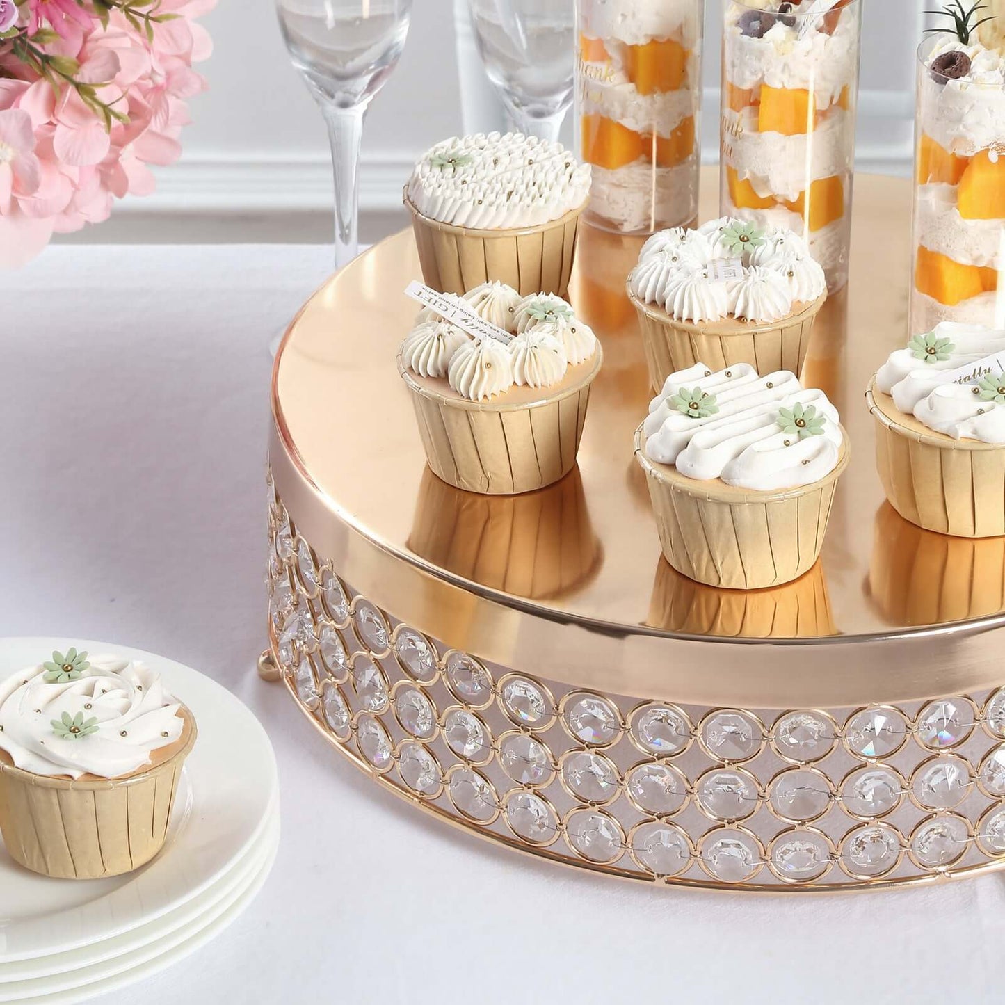 Metal Cake Stand Pedestal Crystal Beaded Design Gold - Cupcake Display and Dessert Riser 14"
