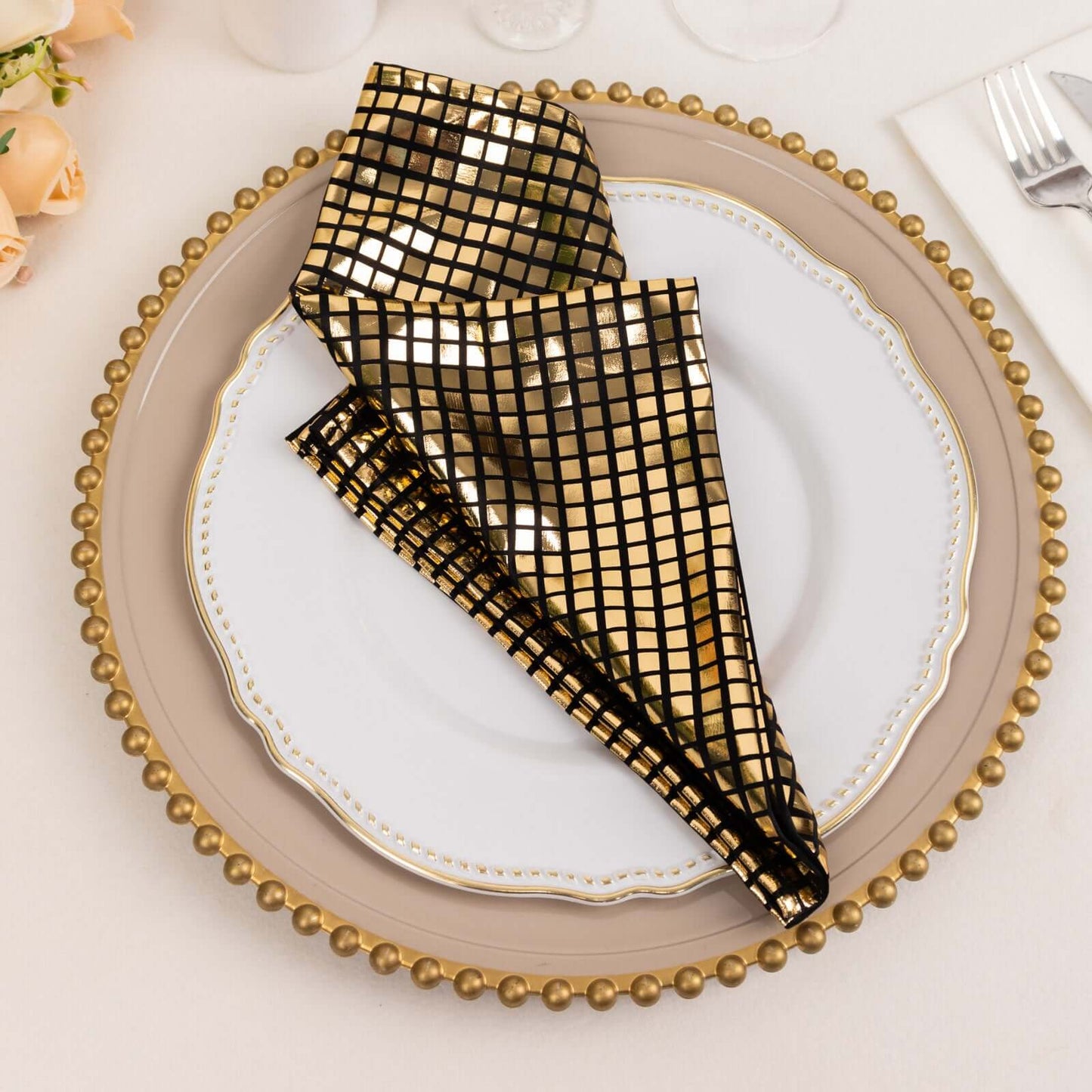 5 Pack Polyester 20"x20" Napkins Black with Reflective Gold Foil for Luxe Events & Retro Themes