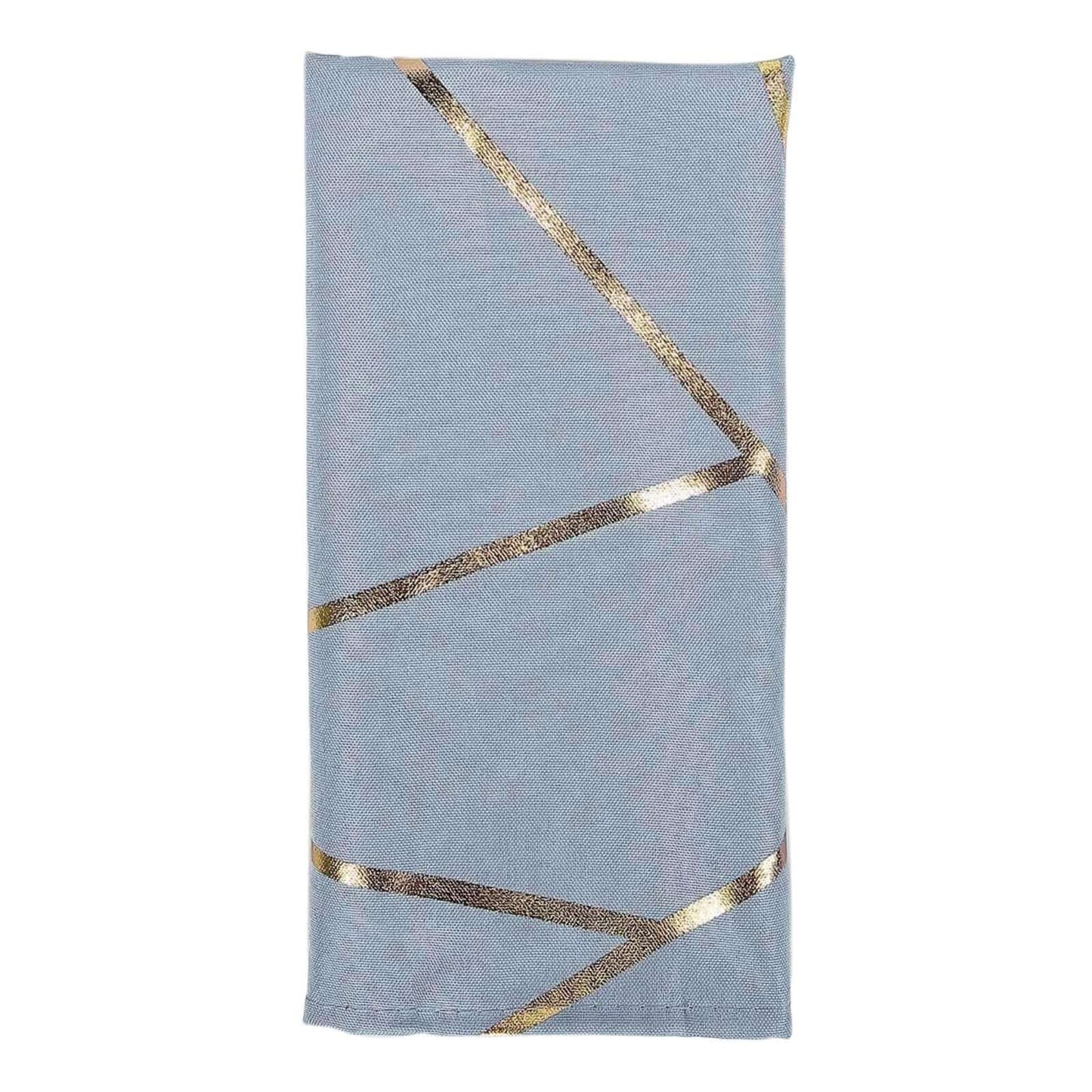 5 Pack Polyester 20"x20" Napkins Dusty Blue with Gold Geometric Foil Pattern - Modern Reusable Dinner Napkins