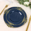 10-Pack Plastic 8" Round Dessert Plates in Navy Blue with Gold Leaf Embossed Rim - Disposable Vintage Baroque Style Salad Plates