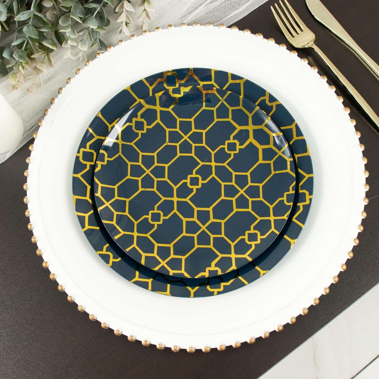 20-Pack Set Plastic Round Dinner and Salad Plates in Navy Blue with Geometric Gold Print - Modern Disposable Dinnerware Set for Weddings & Celebrations 9", 7"
