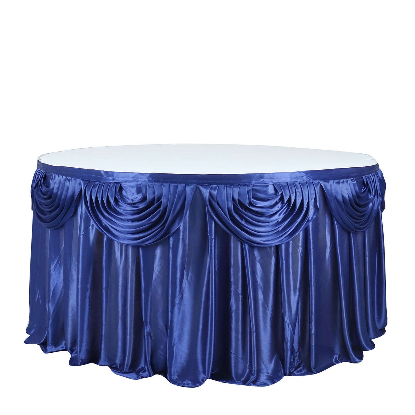 Satin 14ft Table Skirt Navy Blue - Pleated Double Drape Table Cover