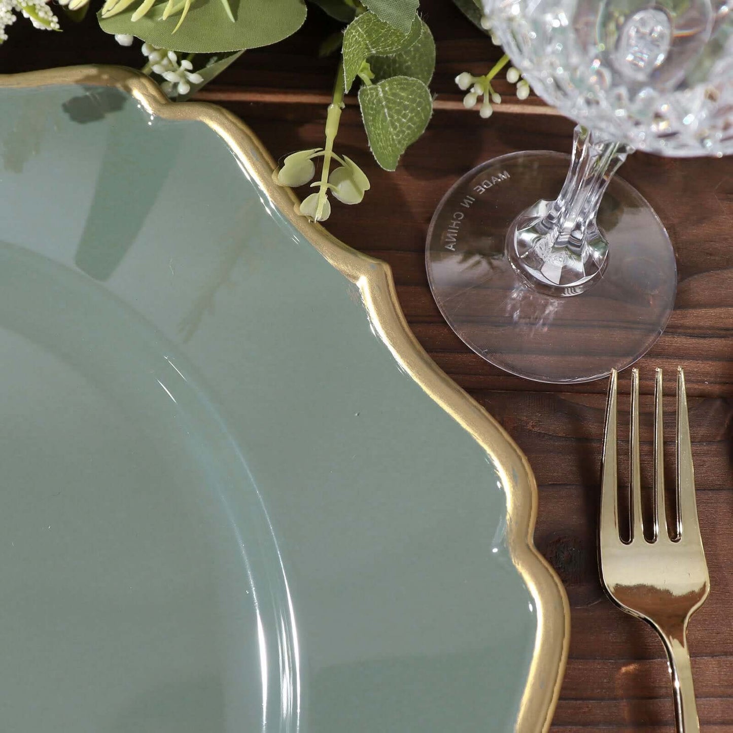 6-Pack Acrylic Round Charger Plates 13" in Olive Green with Gold Scalloped Rim, Decorative Dinner Party Plastic Charger Tableware