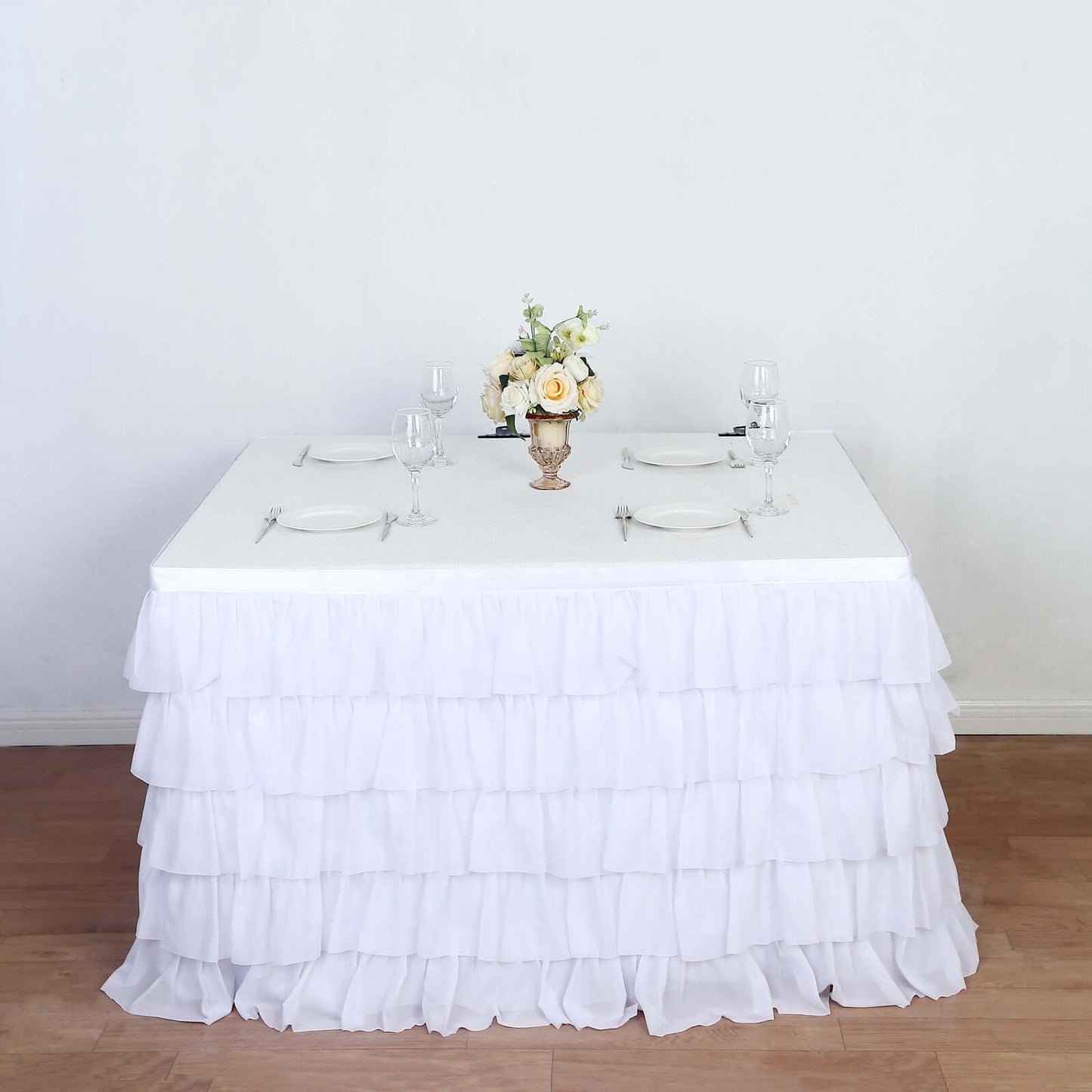 Chiffon 14ft Table Skirt White - 5-Tier Ombre Ruffled Tutu Table Cover with Satin Backing for Sophisticated Events